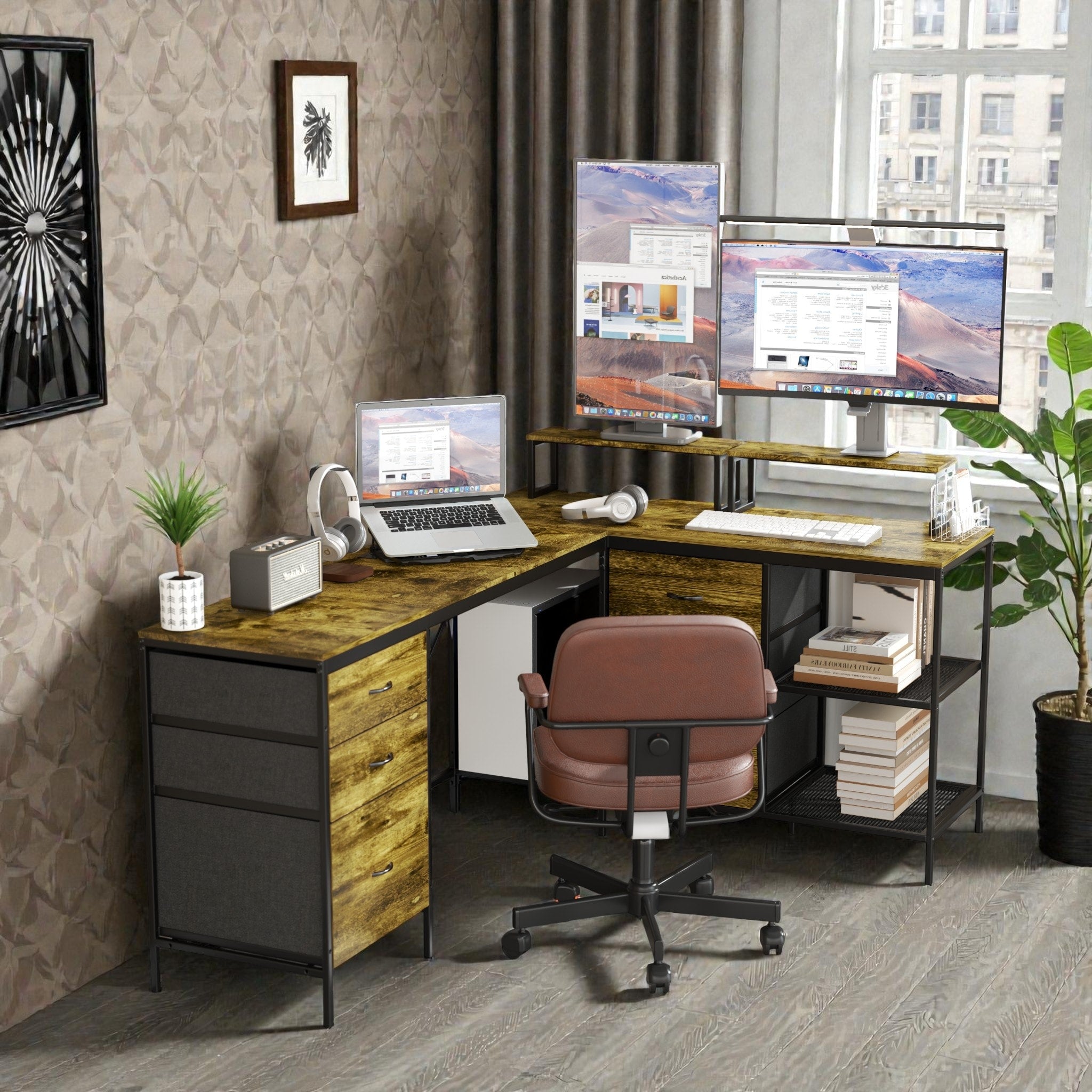 114 Inch L Shaped Desk With Power Outlets And Usb C Industrial Corner Computer Desk With Drawers Shelves