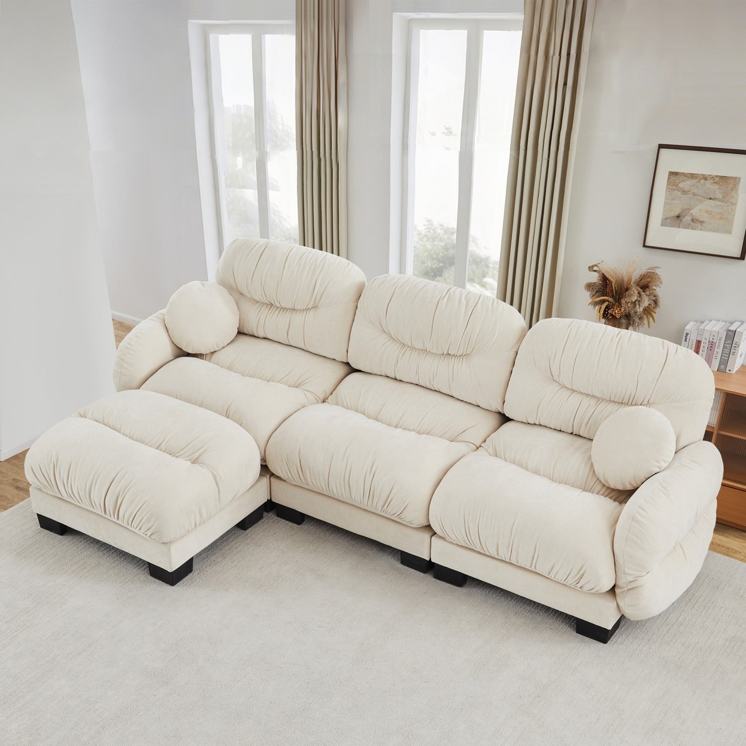 116 Chenille Pleated Design Sectional Sofa With Ottoman And 2 Round Pillows