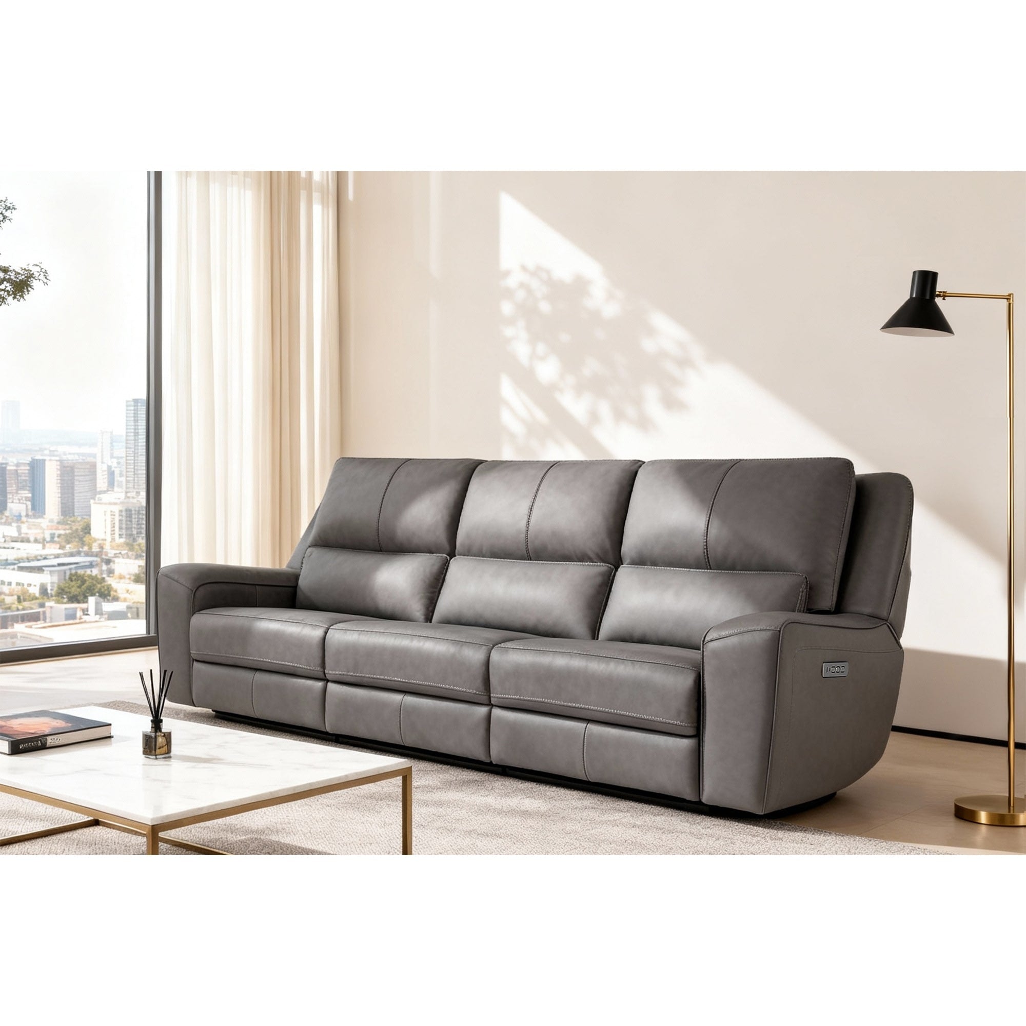 116 W Top Grain Leather Triple Power Oversized Width Seat Sofa With Ajustable Headrest Usb Usb C Charging