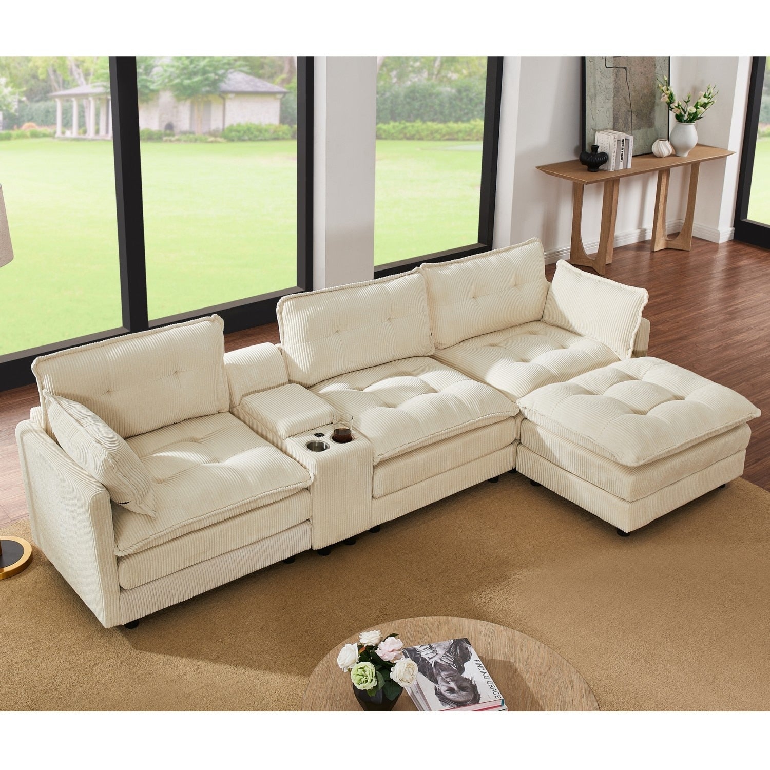 119.2 L Shaped Corduroy Sectional Sofa With Console And Ottoman