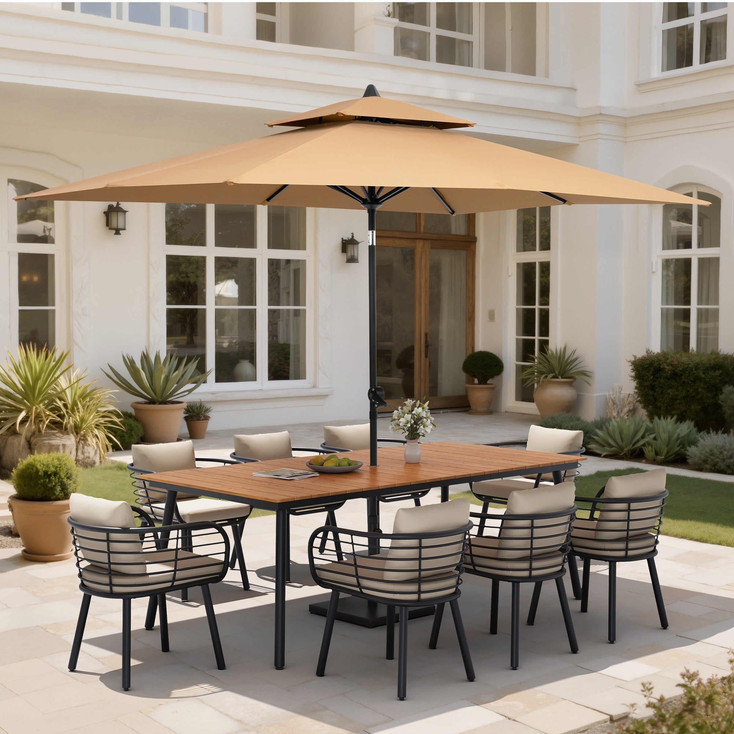11Pc Outdoor Patio Dining Set Aluminum Table With Sunbrella Cushion Chairs W Market Umbrella Sets