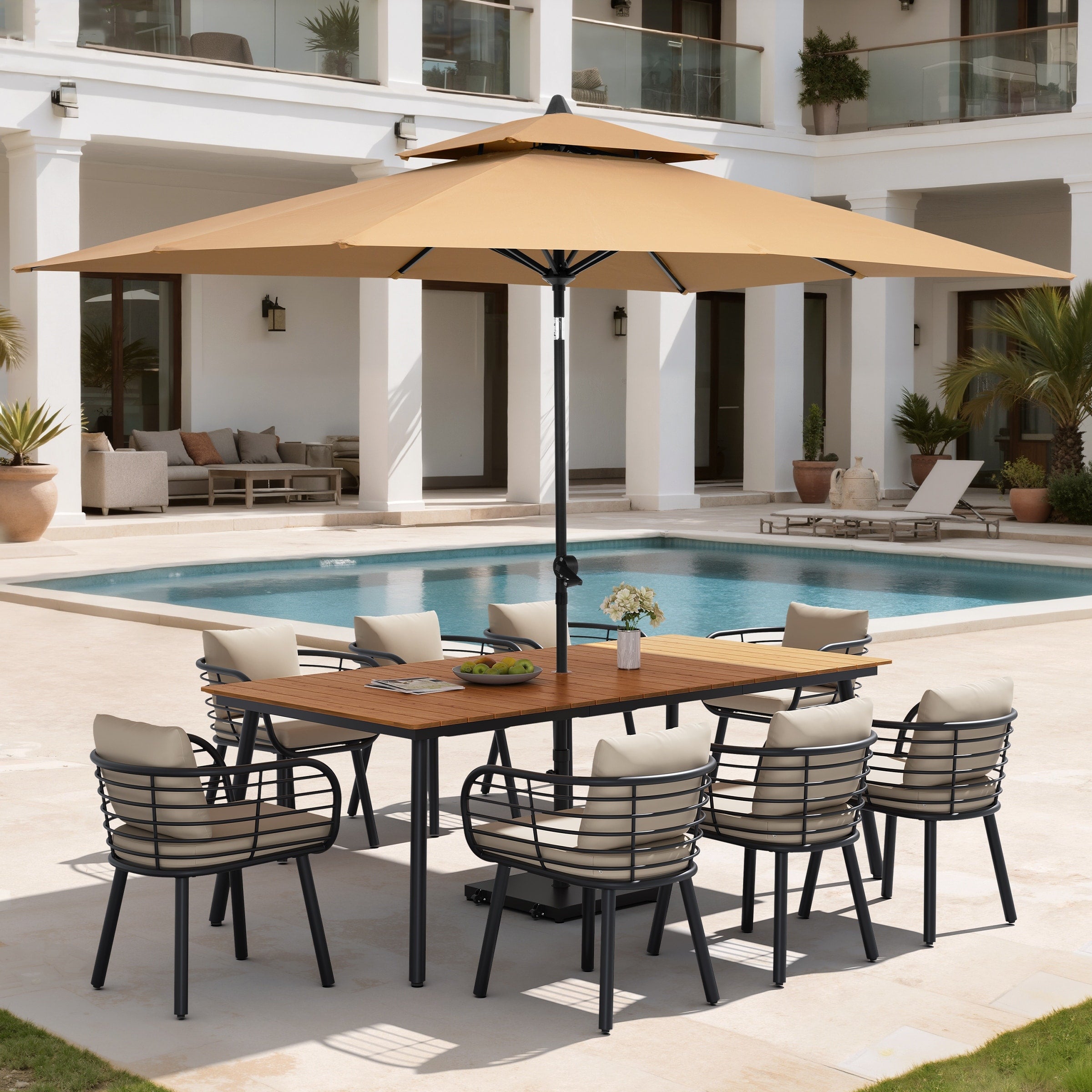 11Pc Outdoor Patio Dining Set Aluminum Table With Sunbrella Cushion Chairs W Premium Market Umbrella Sets