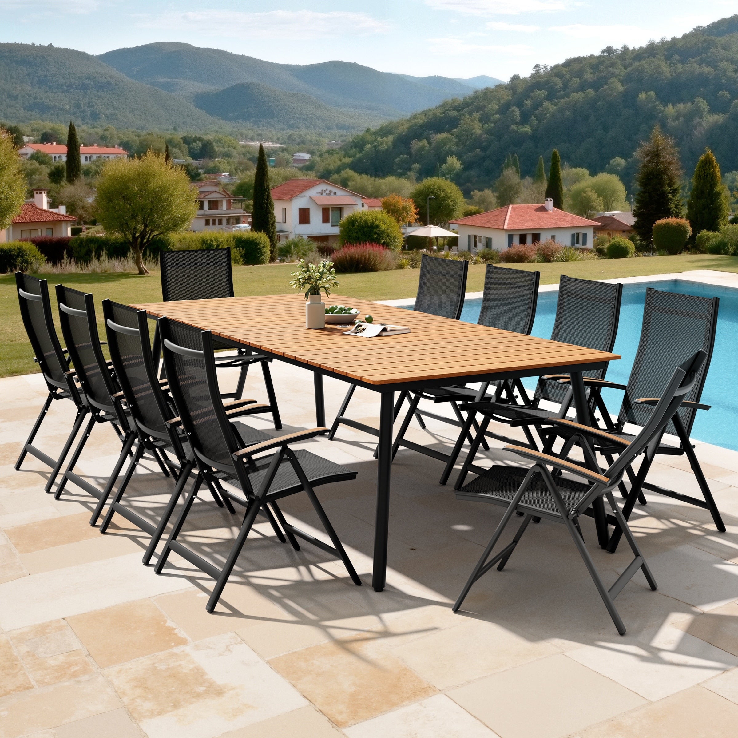 11Pc Outdoor Patio Dining Set Aluminum Umbrella Hole Table With Folding Chairs