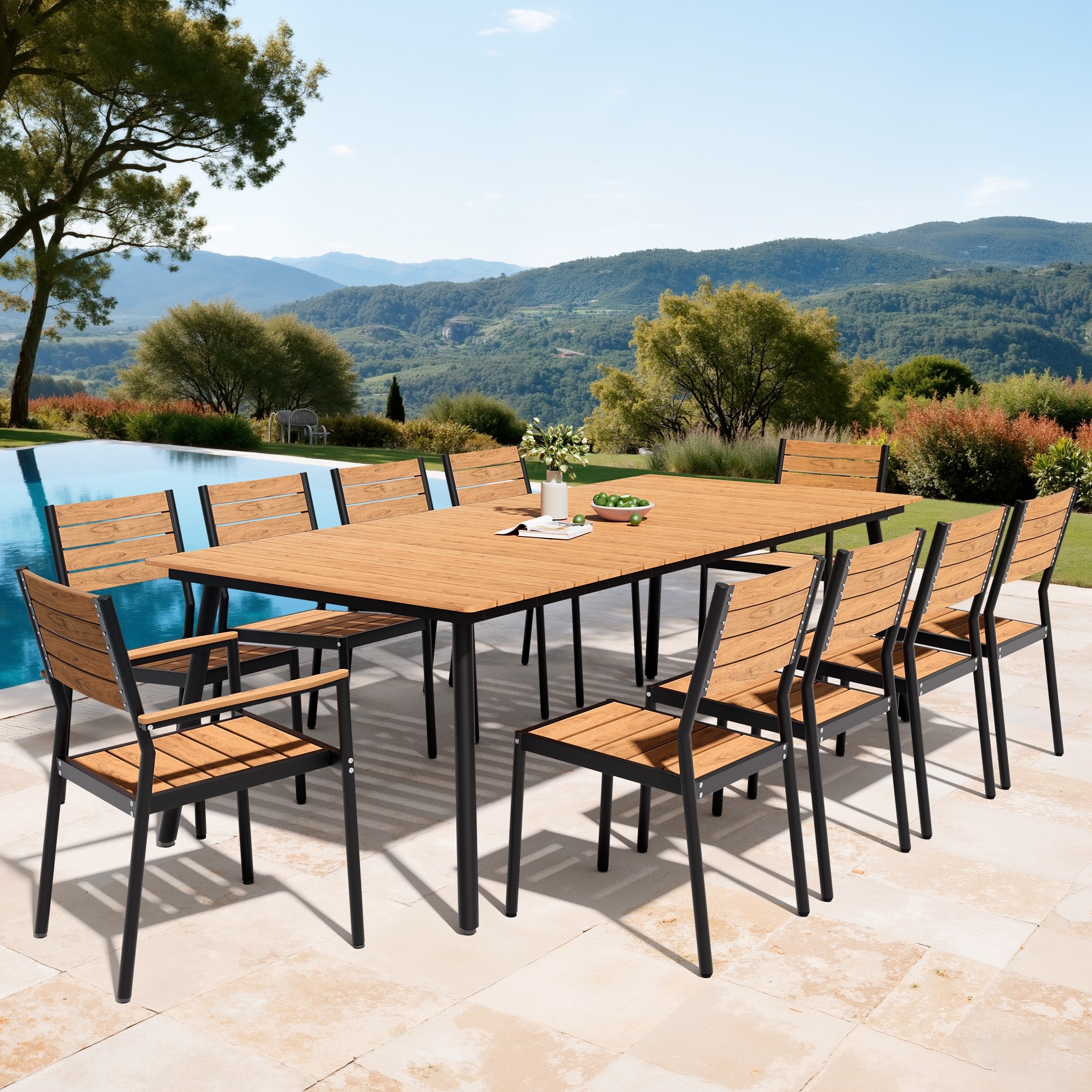 11Pc Outdoor Patio Dining Set Aluminum Umbrella Hole Table With Stackable Chairs