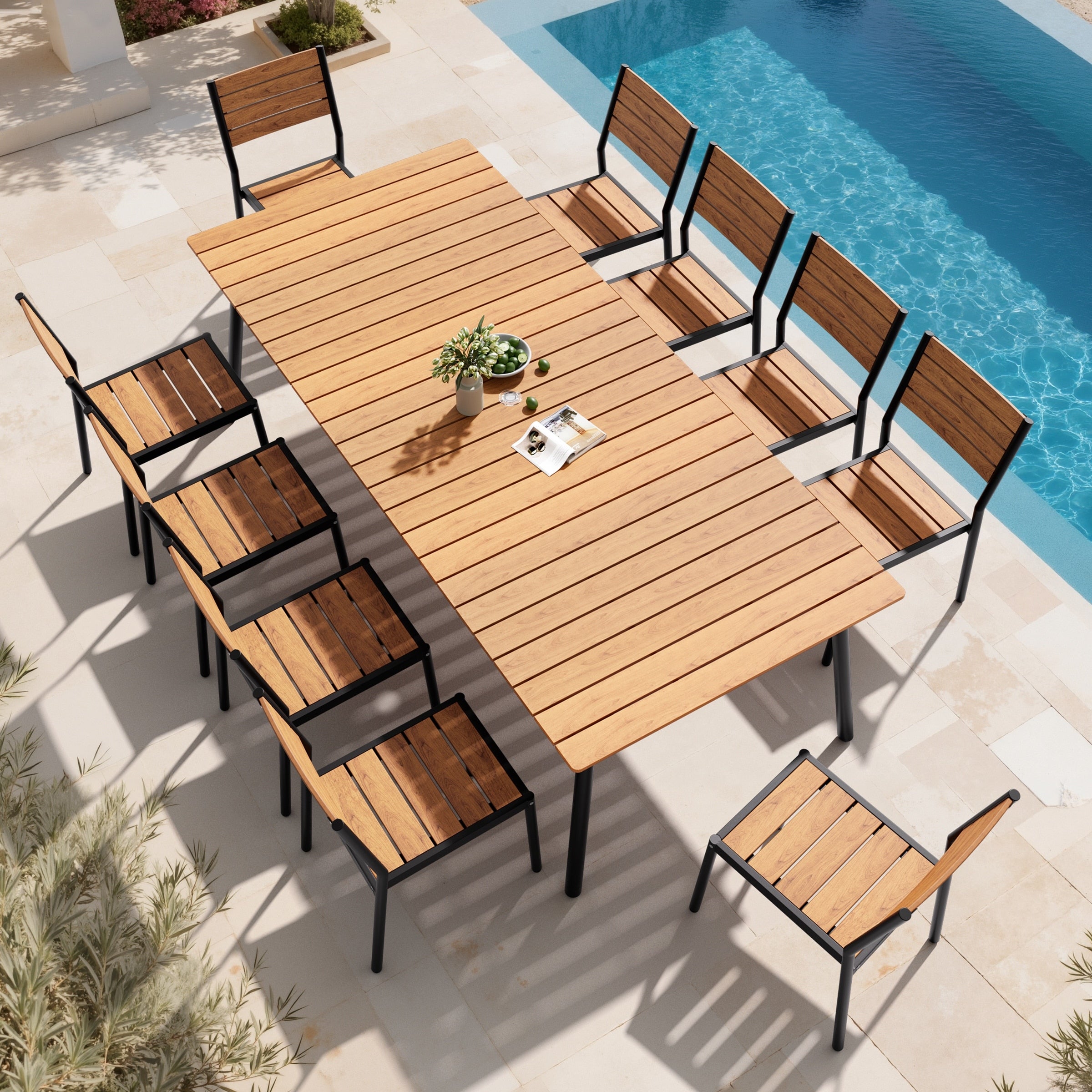 11Pc Outdoor Patio Dining Set Aluminum Umbrella Hole Wood Like Table With Stackable Chairs