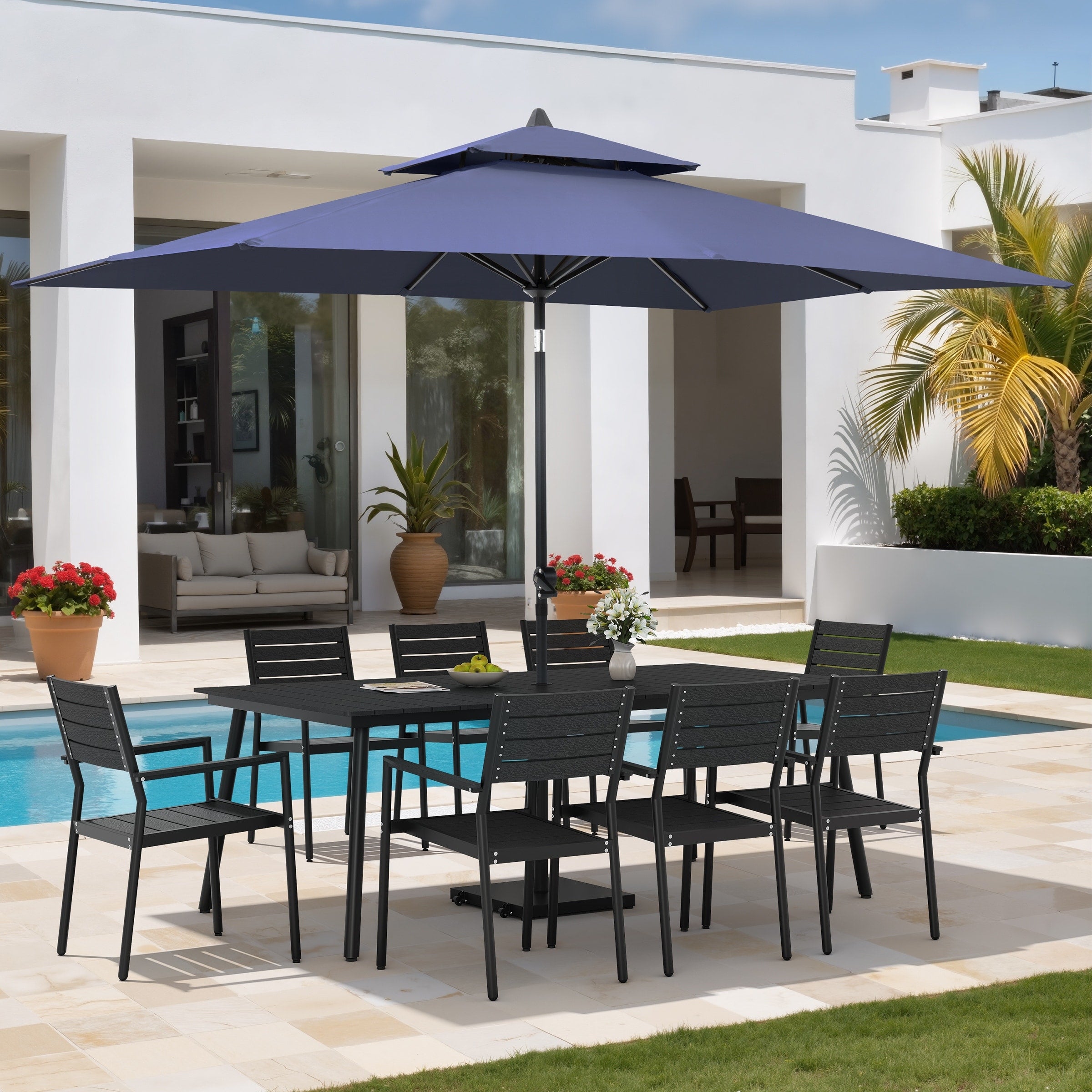 11Pc Outdoor Patio Dining Set Wood Like Aluminum Table With Stackable Armchairs Double Top Market Umbrella And Wheel Base