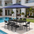 11Pc Outdoor Patio Dining Set Wood Like Aluminum Table With Stackable Chairs Double Top Market Umbrella And Wheel Base