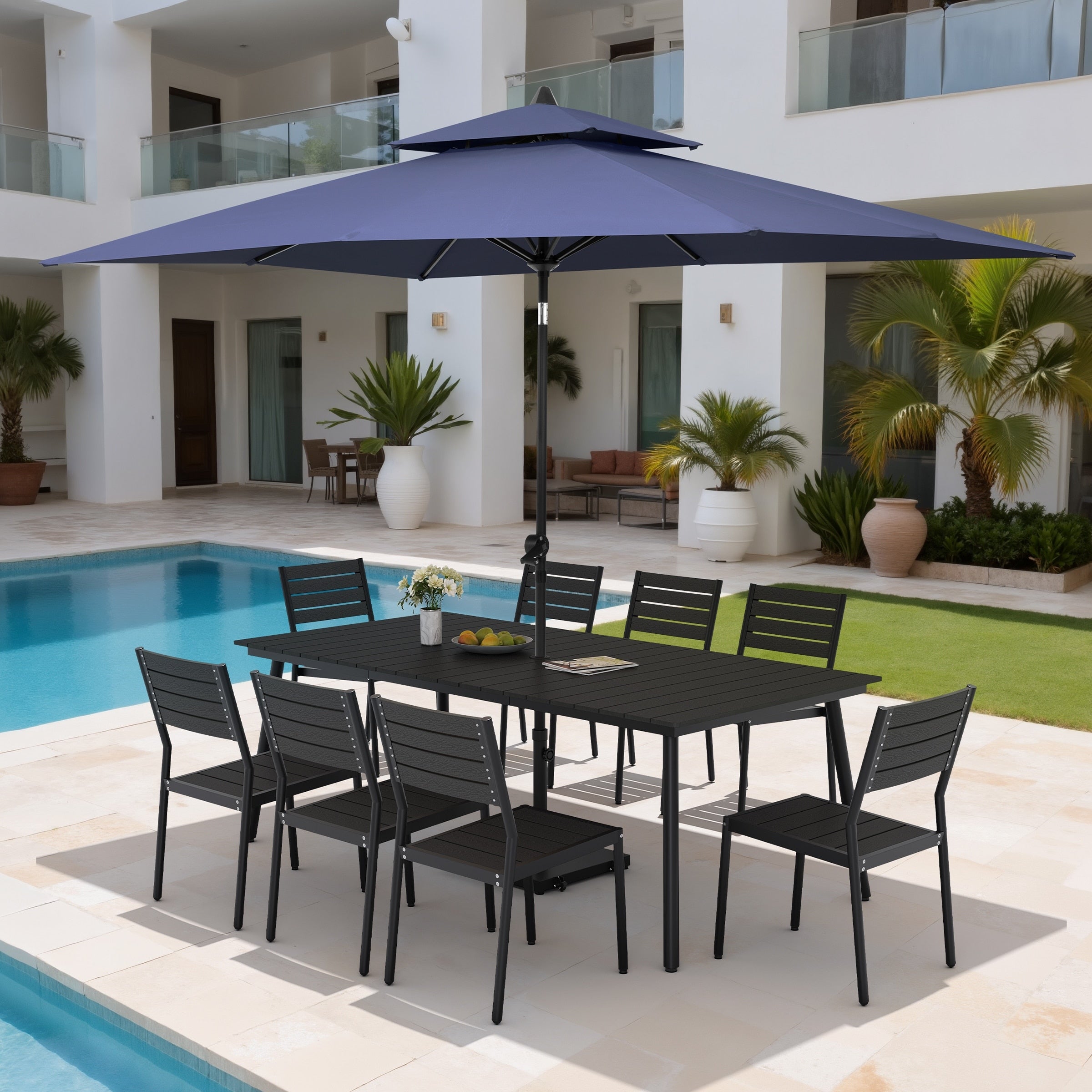 11Pc Outdoor Patio Dining Set Wood Like Aluminum Table With Stackable Chairs Double Top Market Umbrella And Wheel Base