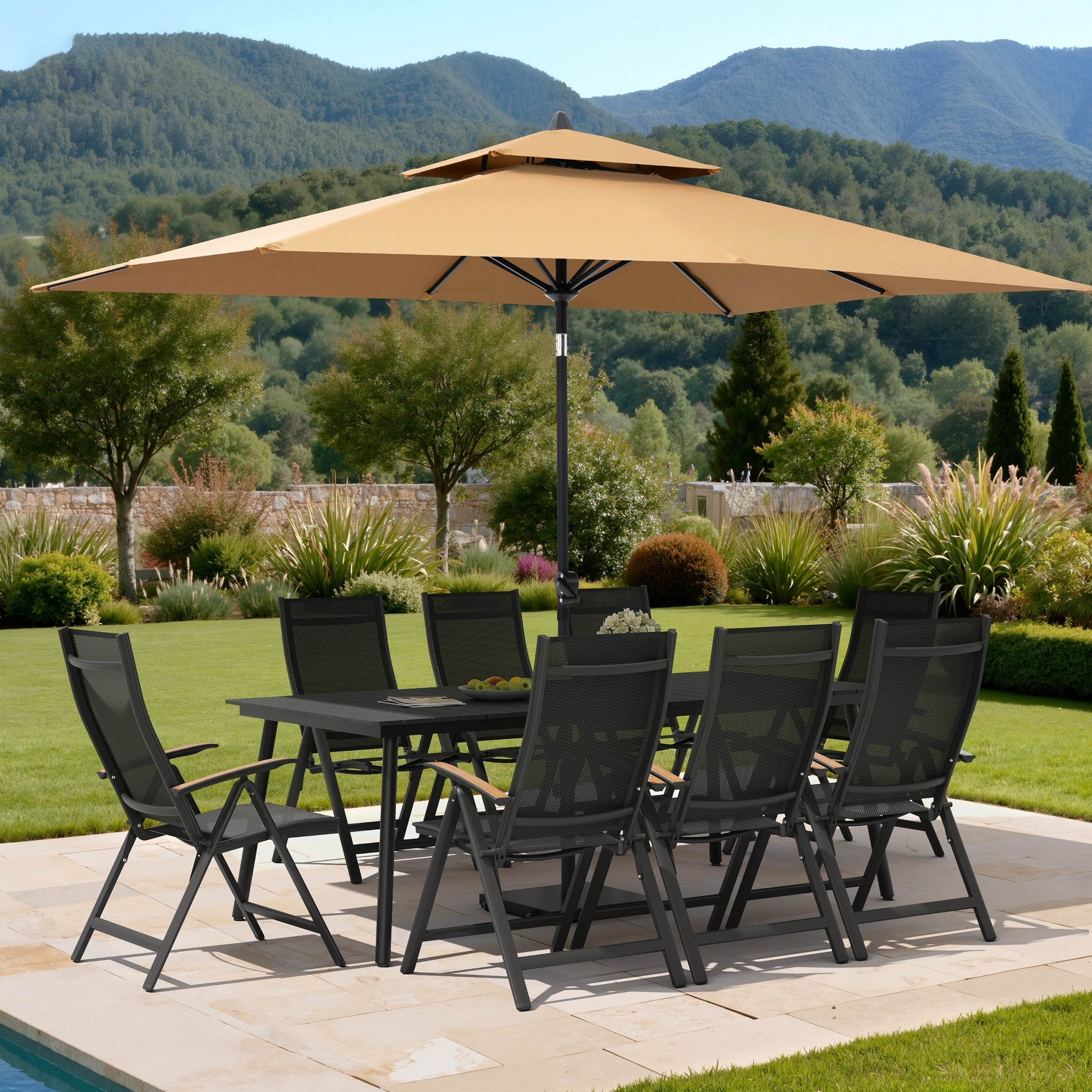 11Pc Outdoor Patio Dining Set Woodlike Aluminum Umbrella Hole Table With Folding Chair Double Top Market Umbrella And Wheel Base