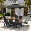 11Pc Outdoor Patio Dining Set Wood Like Aluminum Umbrella Hole Table With Folding Chairs Double Top Market Umbrella And Base