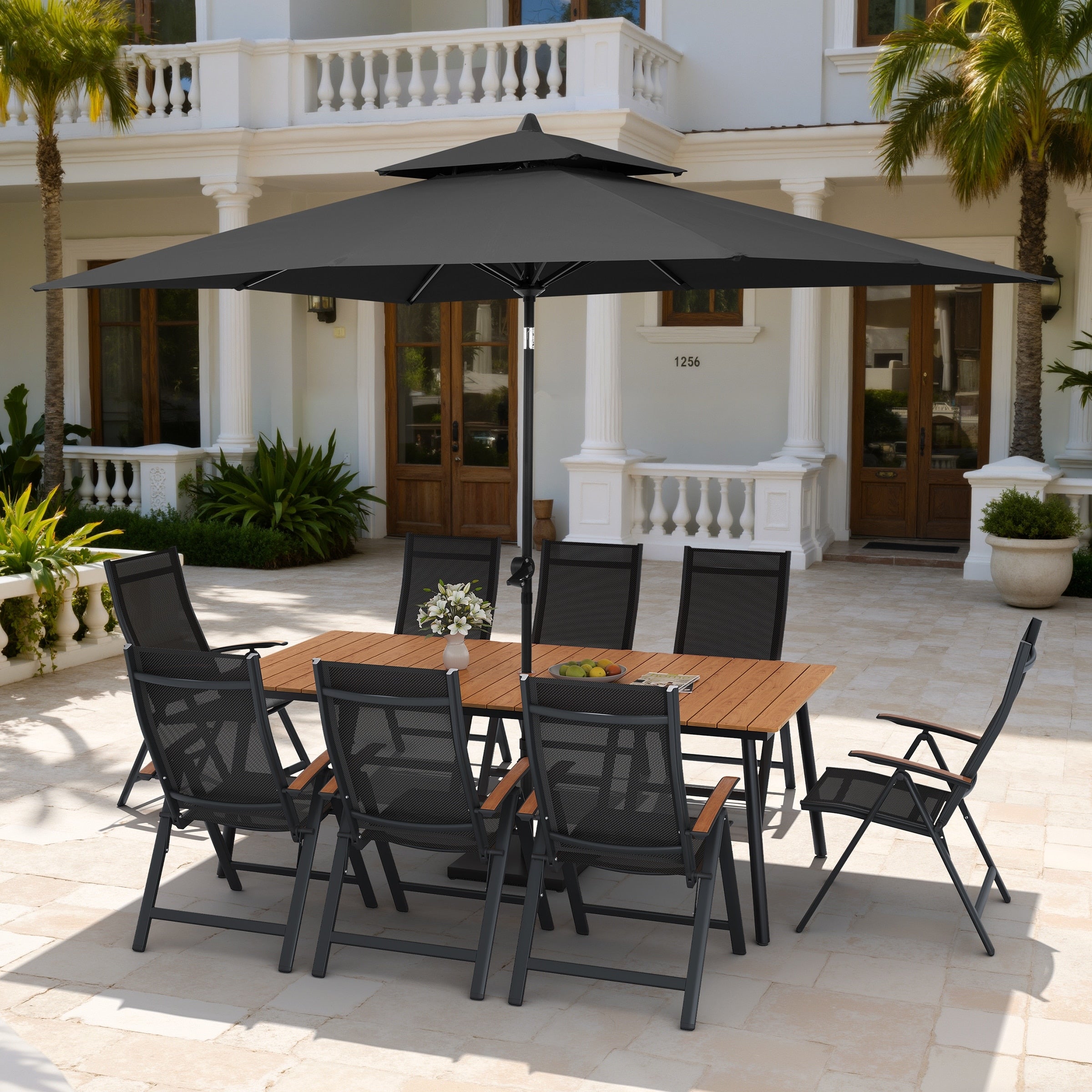 11Pc Outdoor Patio Dining Set Wood Like Aluminum Umbrella Hole Table With Folding Chairs Double Top Market Umbrella And Base