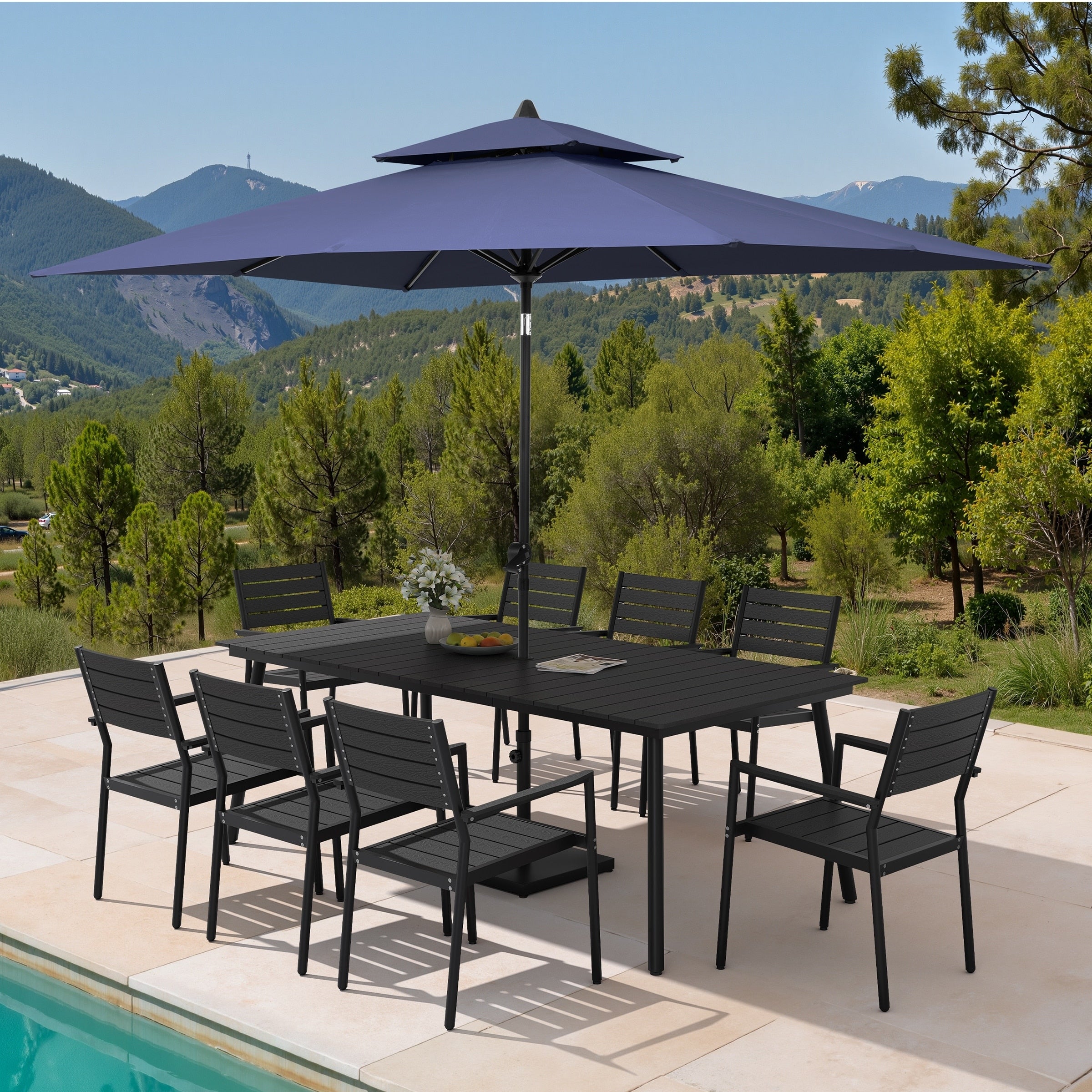 11Pc Outdoor Patio Dining Set Woodlike Aluminum Umbrella Hole Table With Stackable Armchairs Double Top Market Umbrella And Base