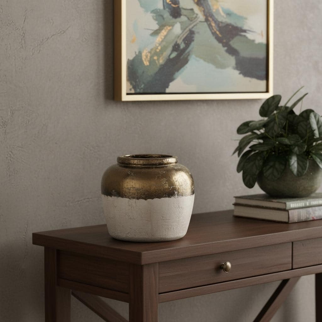 11 Antiqued Bronze And Light Gray Color Block Ceramic Round Table Vase 7.50