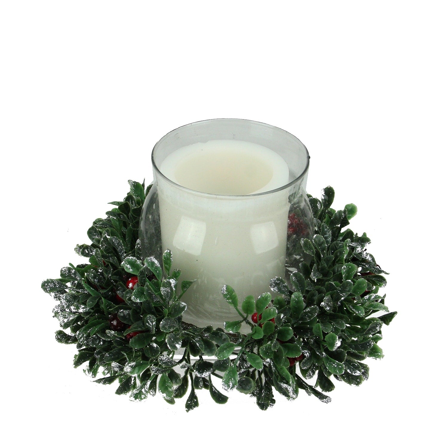 11 Boxwood And Berry Silver Tipped Christmas Hurricane Pillar Candle Holder Clear