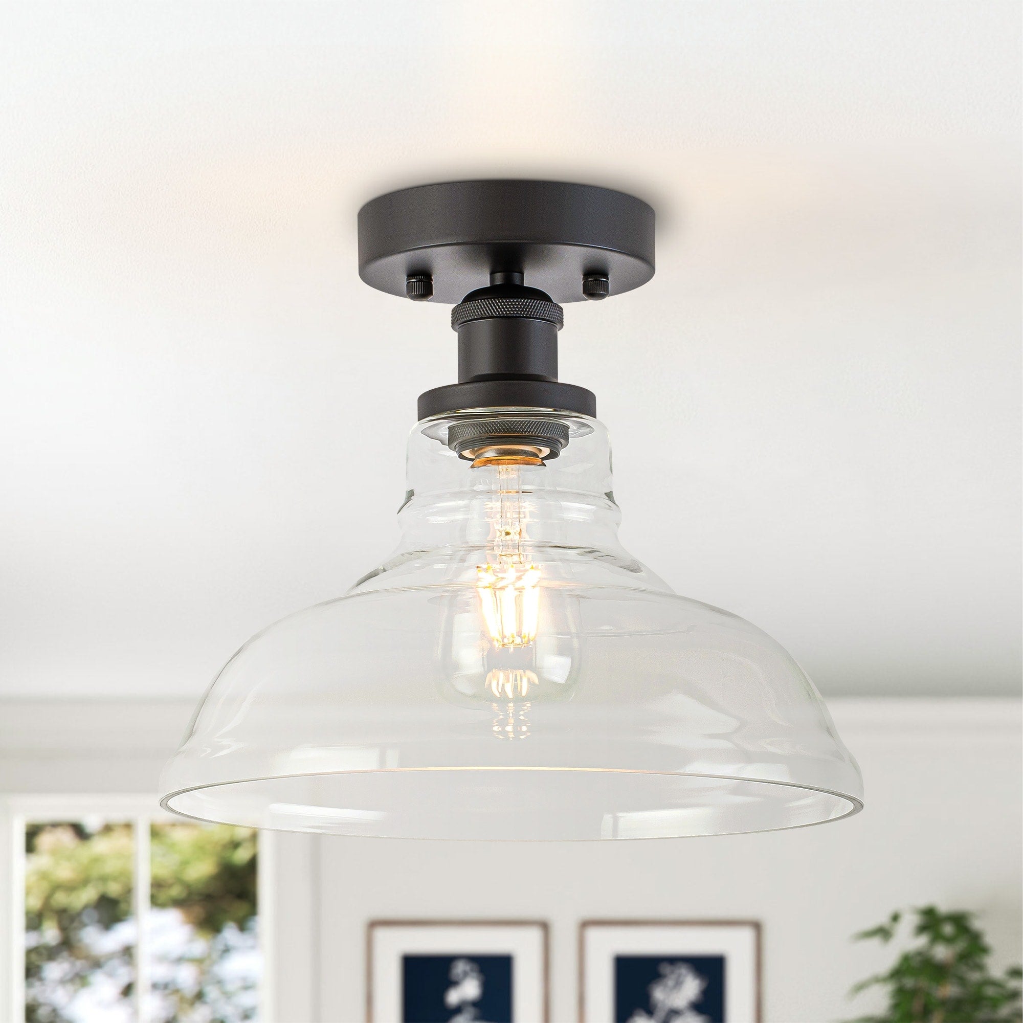 11 Farmhouse Modern Matte Black British Hat Dome Design Semi Flush Mount Ceiling Light With Clear Glass Shade