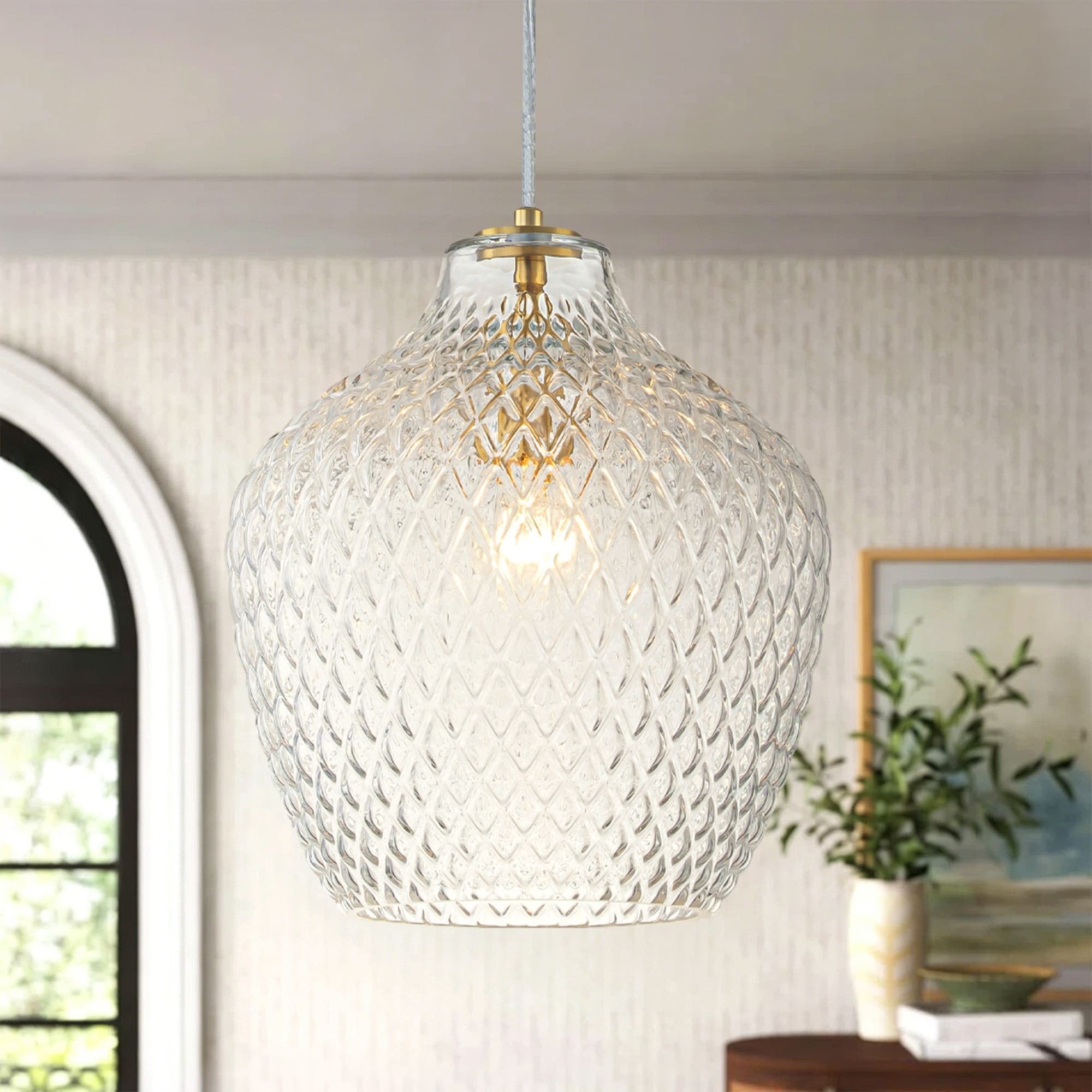 11 Modern Elegant 1 Light Gold Adjustable Pendant Lighting With Diamond Pattern Glass Shade For Kitchen Island