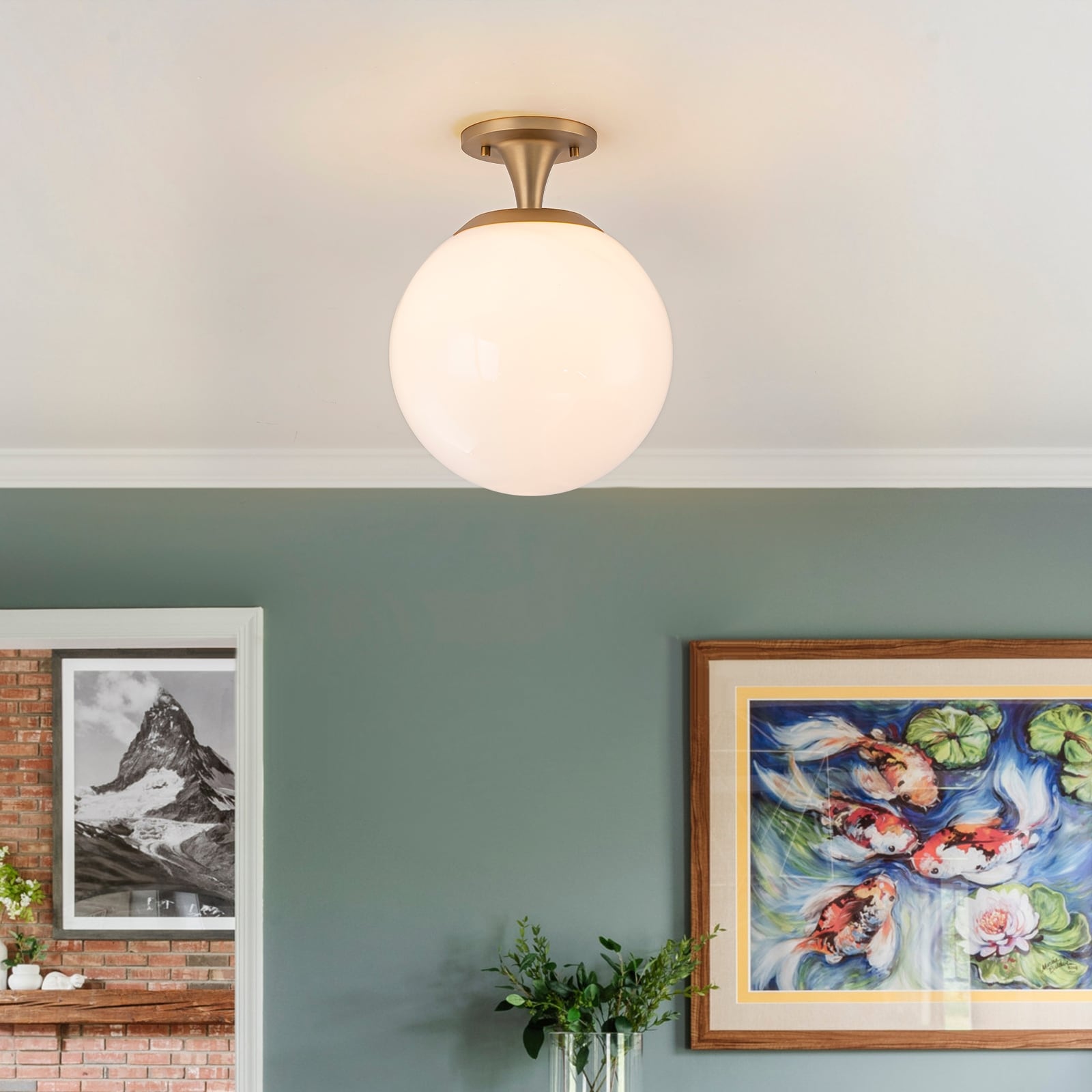 11 Mid Century Modern Semi Flush Mount With Opal Glass Globe
