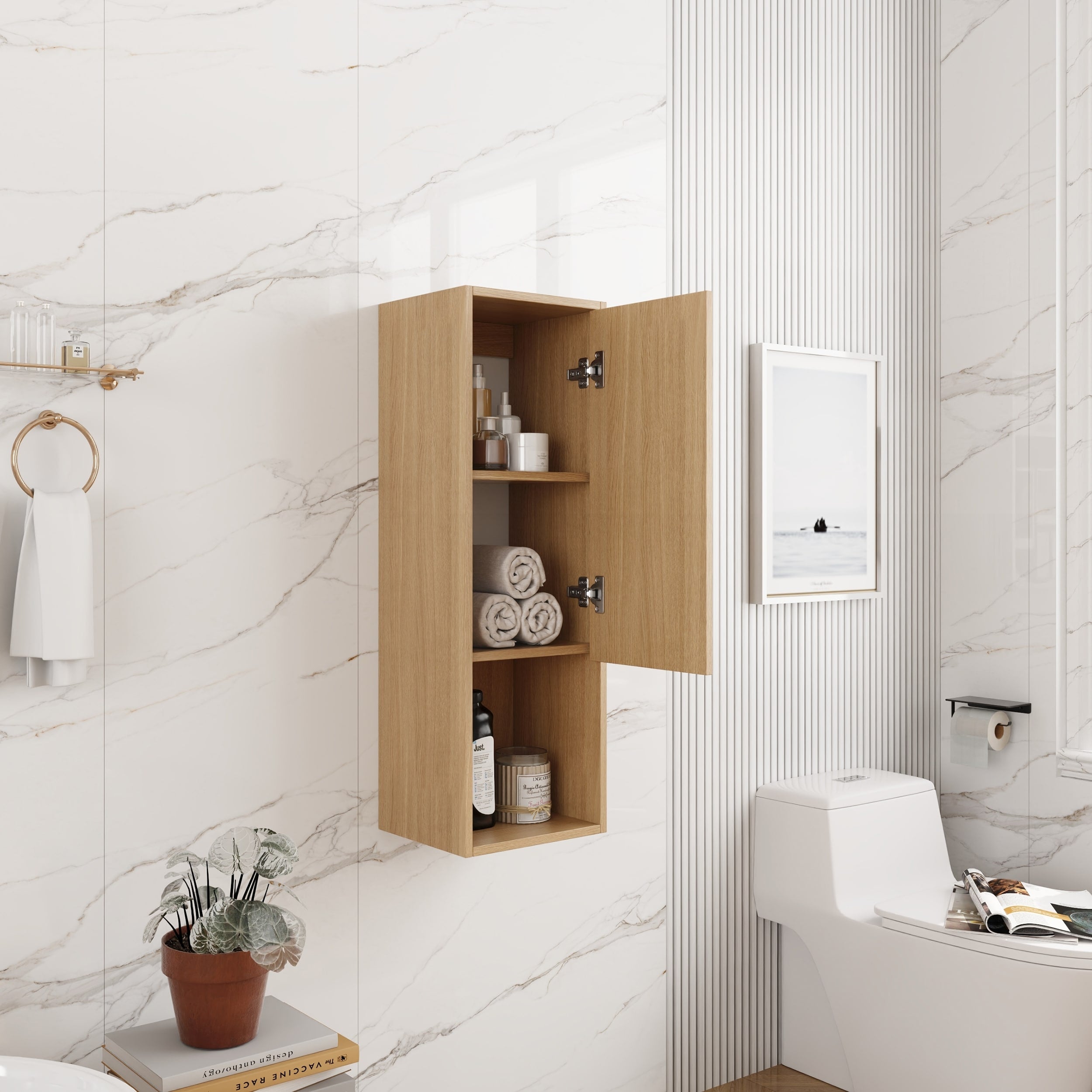 12 Inch Small Wall Mounted Side Cabinet Soft Closing Door Suitable For Small Bathroom Original Oak Kd Packing