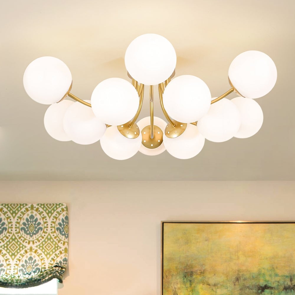 12 Light Tiered Frosted White Glass Globe Sunburst Semi Flush Mount