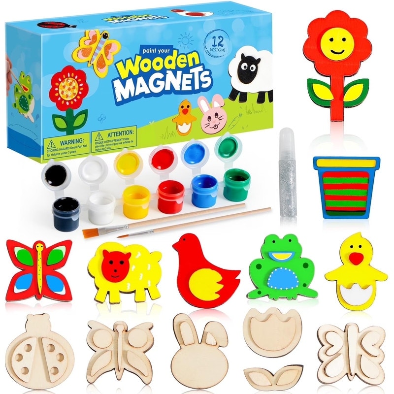 12 Wooden Magnet Painting Kit For Kids Multicolor