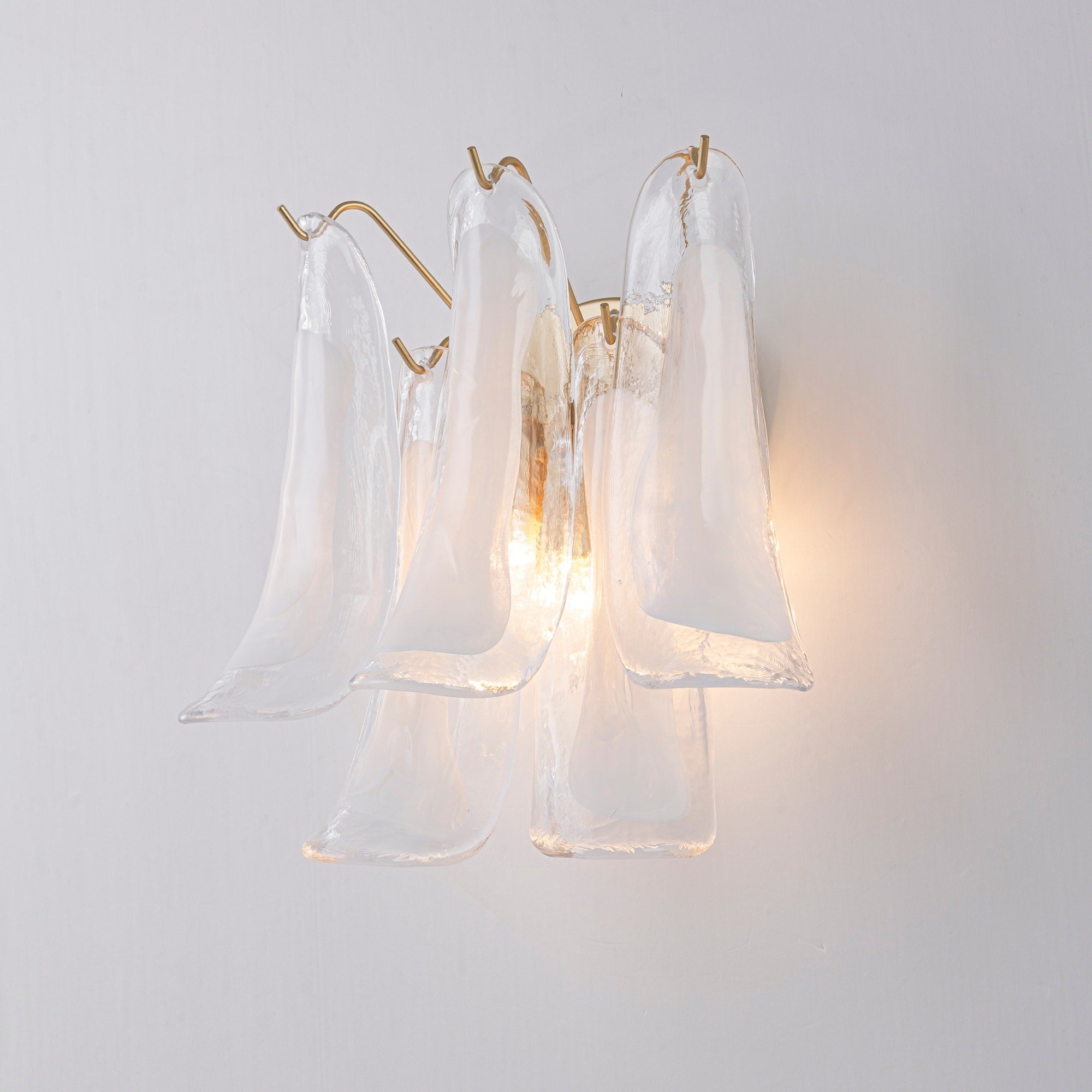 12.6 Luxtury Italy Style Painted Gold Petal Design 3 Light Wall Sconce With Hand Blown Cloudy Textured Glass Panels