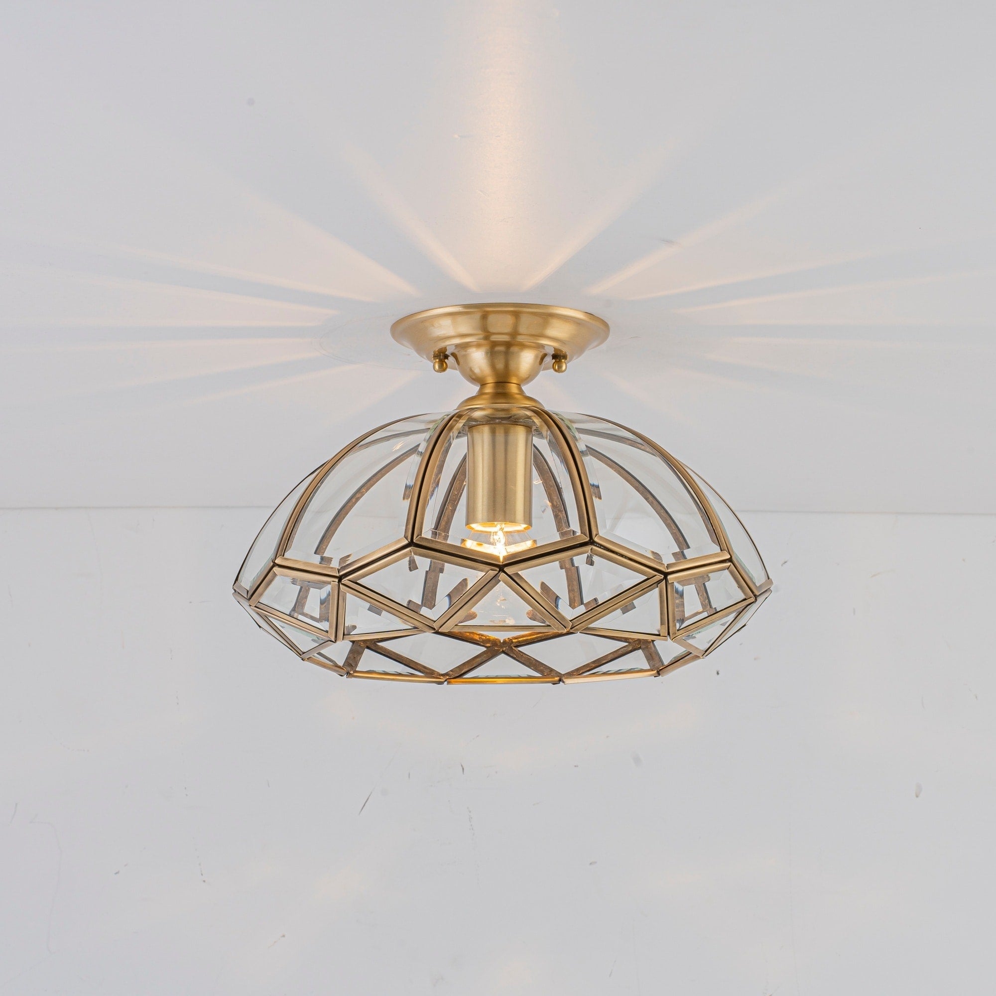 12.6 Modern Vinatge Brass Dimmable 1 Light Semi Flush Mount Ceiling Light With Clear Diamond Shaped Glass Shades For Hallway