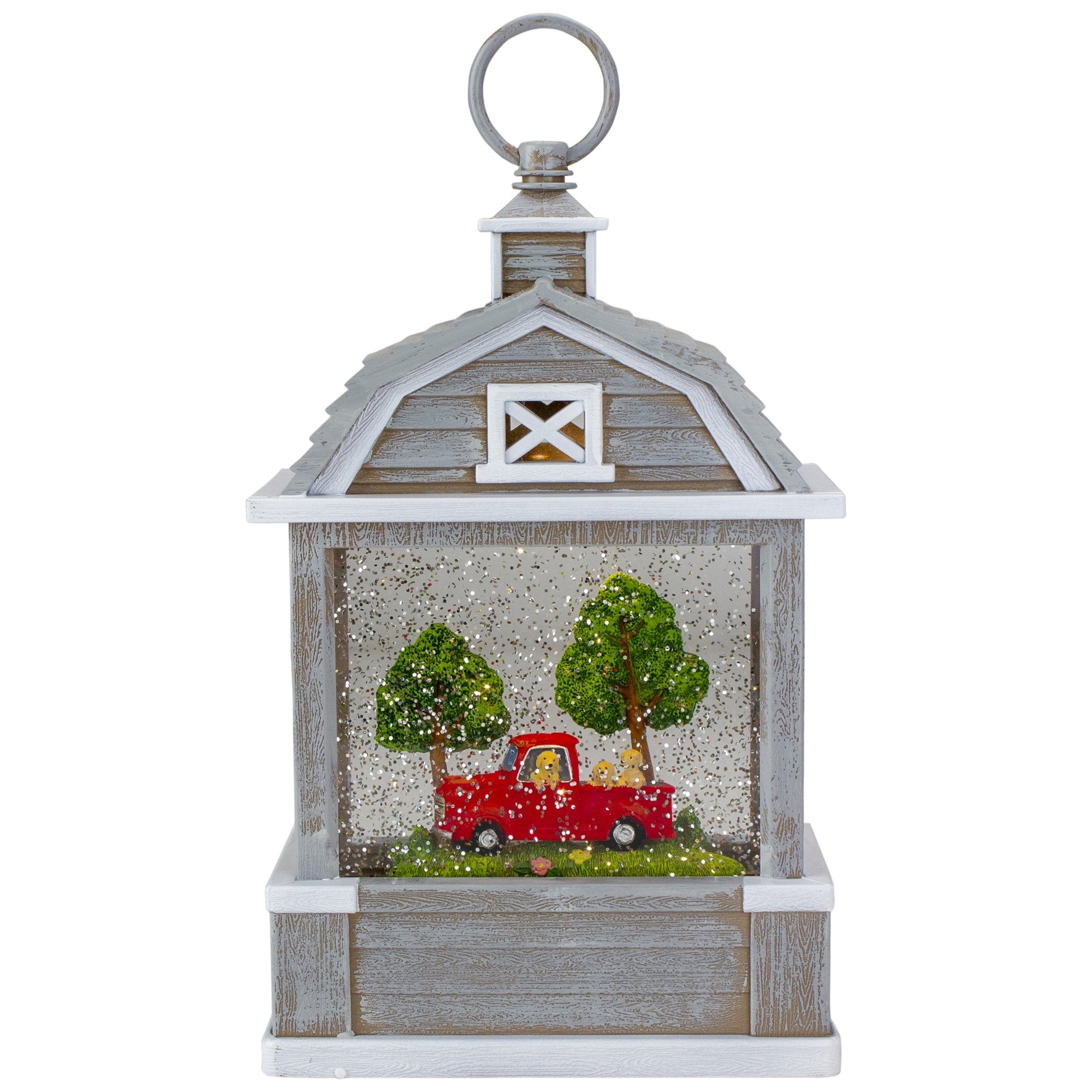 12.75 Lighted Gray Barn Snow Globe With Red Truck And Dogs
