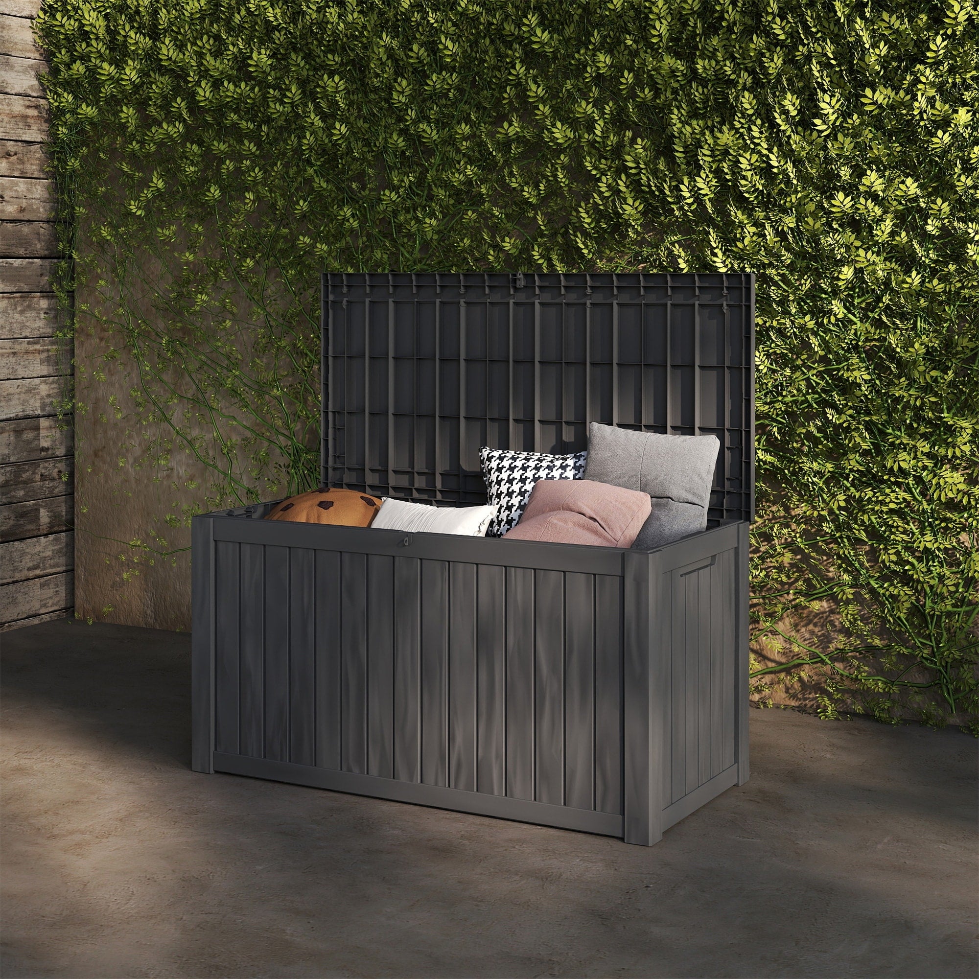 Deck Box Outdoor Storage Large Waterproof Resin Patio Storage Box Lockable Outdoor Cushion Storage Bench For Backyard Pool