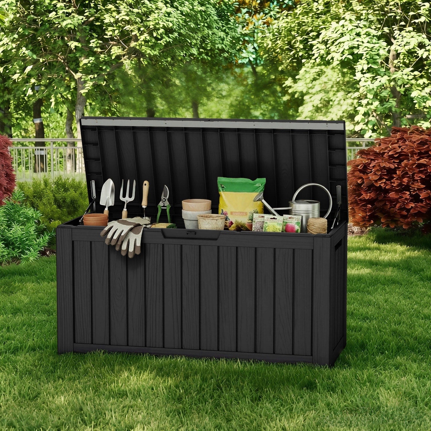 80 Gallon Deck Box Outdoor Storage Waterproof Resin Storage Box Lockable Patio Cushion Storage For Backyard Garden Pool