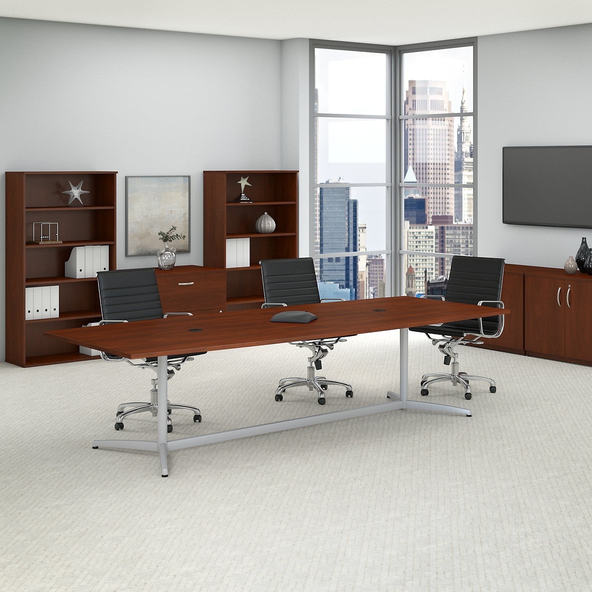 120W X 48D Boat Shaped Conference Table With Metal Base In Cherry