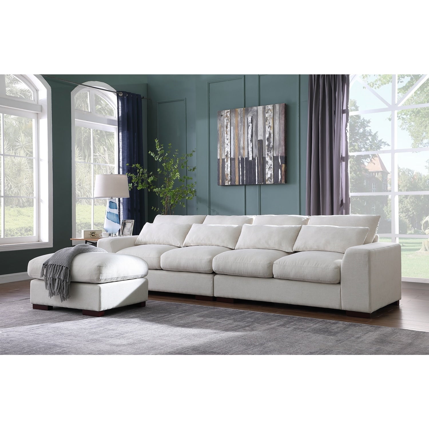 123.24 In.W Straight Arm 14 Piece Linen L Shaped Removable Cushions Convertible Sectional Sofa In Beige Finish