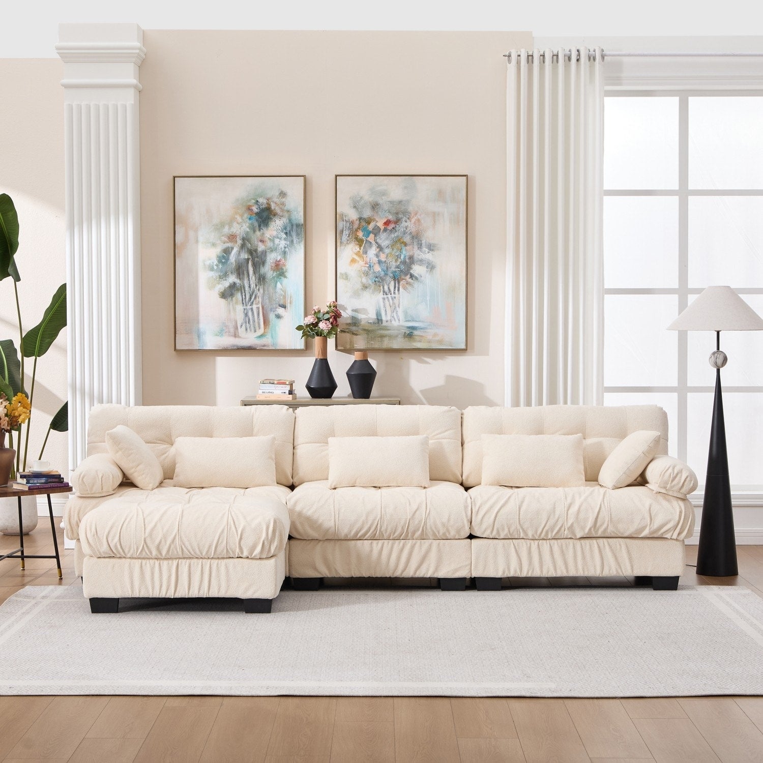 123 L Shaped Flannelette Sectional Sofa With Pillows And Movable Ottoman
