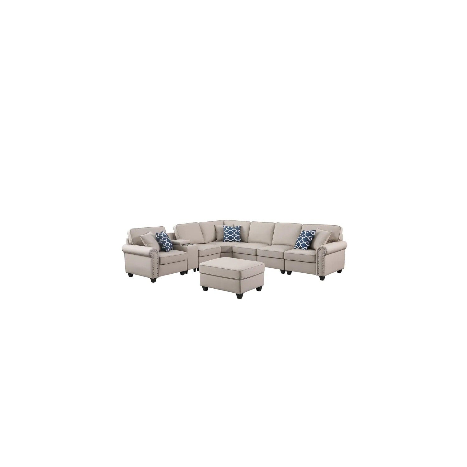 125.25 In.W Square Arm 14 Piece Faux Leather L Shaped Cup Holder Storage Usb Port Convertible Sectional Sofa In Beige