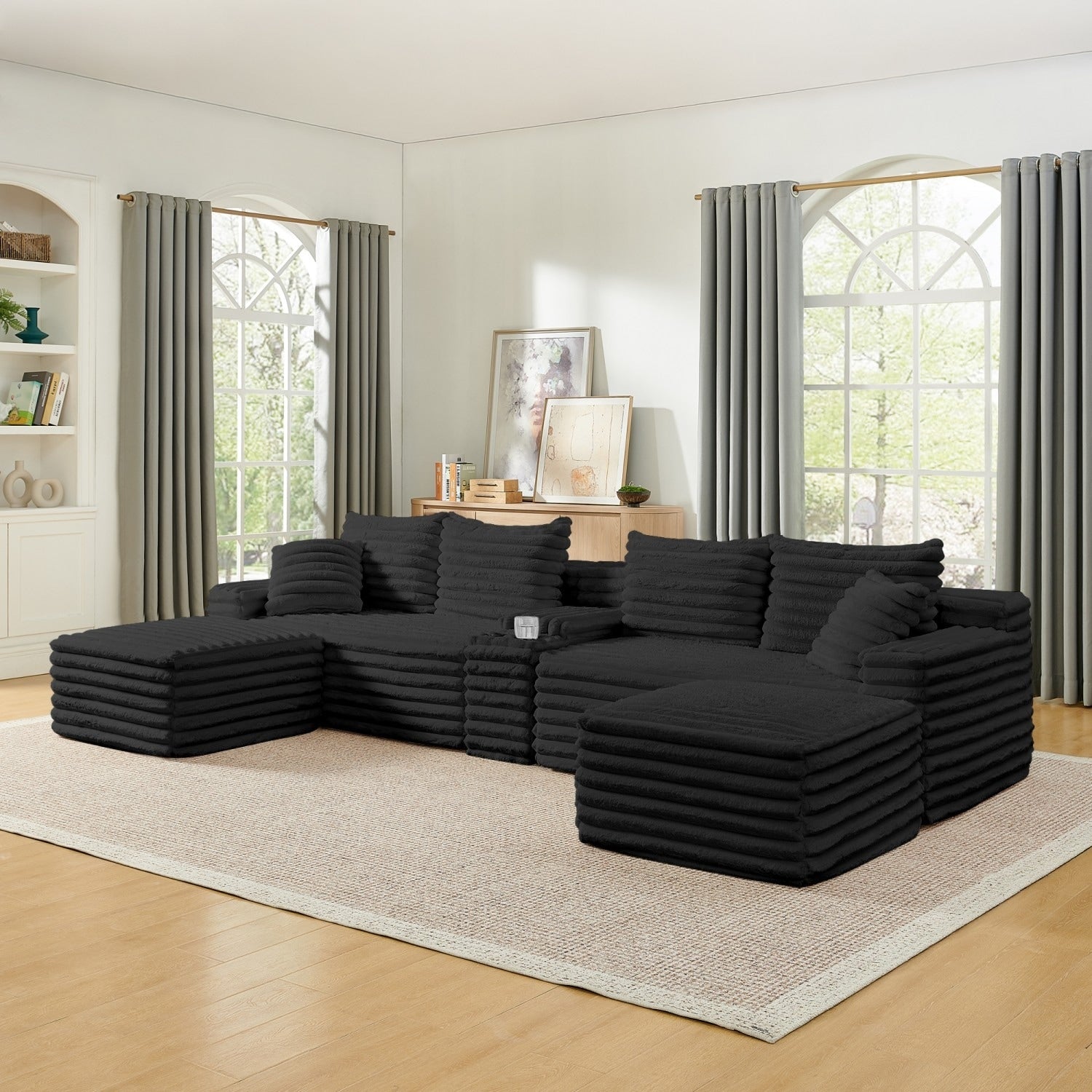 127 Corduroy Sectional Sofa With Usb Ports Cup Holder And Ottomans