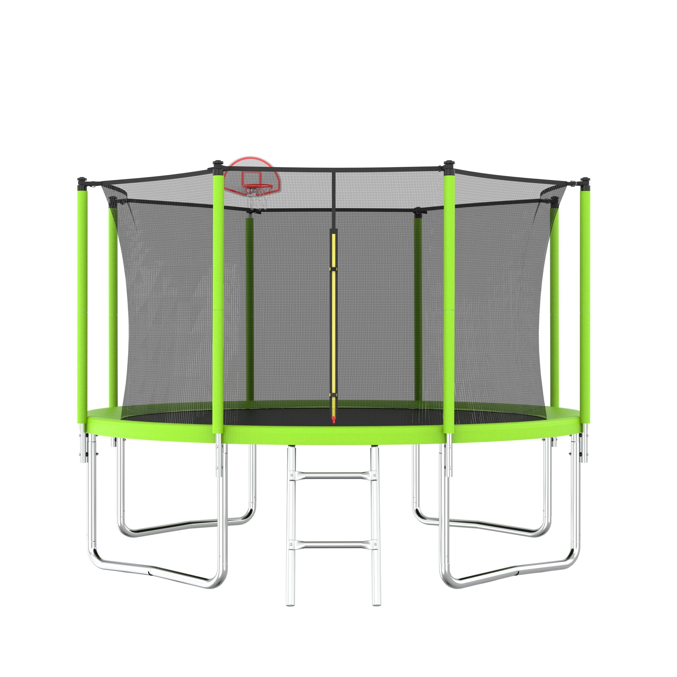 12Ft Trampoline Green For Kids Adults With Basketball Hoop And Ball Recreational Trampolines With Safety Enclosure For Yard