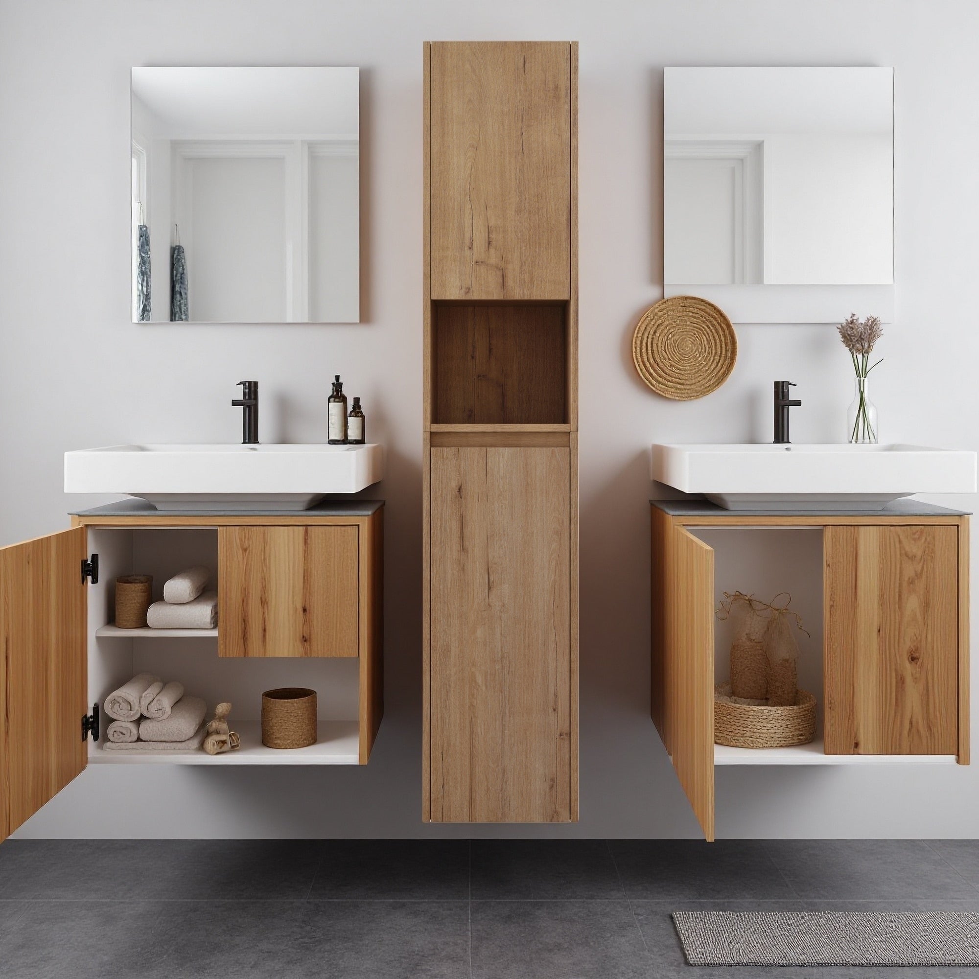 12 Bathroom Side Cabinet Soft Close Doors Floating Design Imitative Oak Wall Mounted