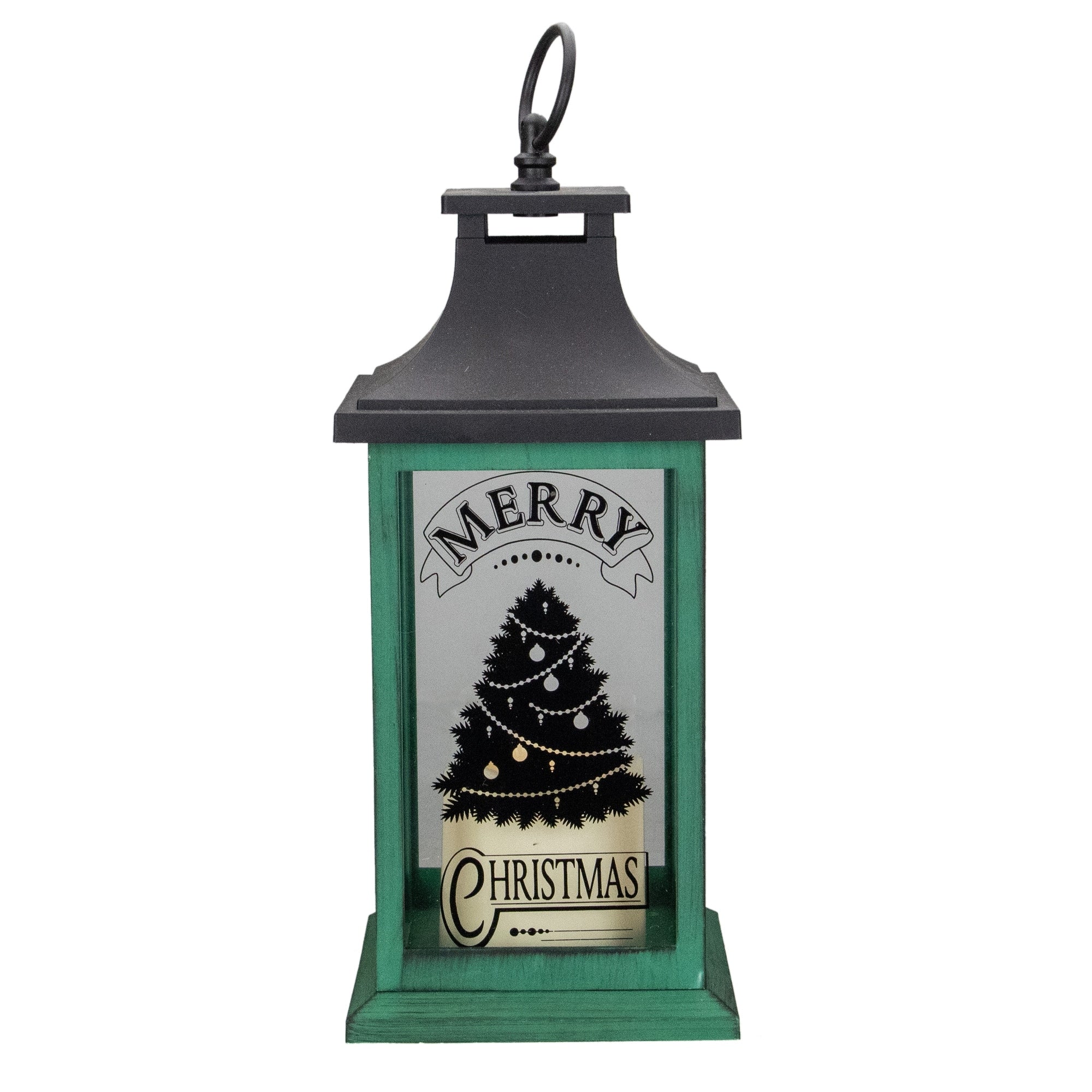 12 Green And Black Led Candle With Christmas Tree Tabletop Lantern