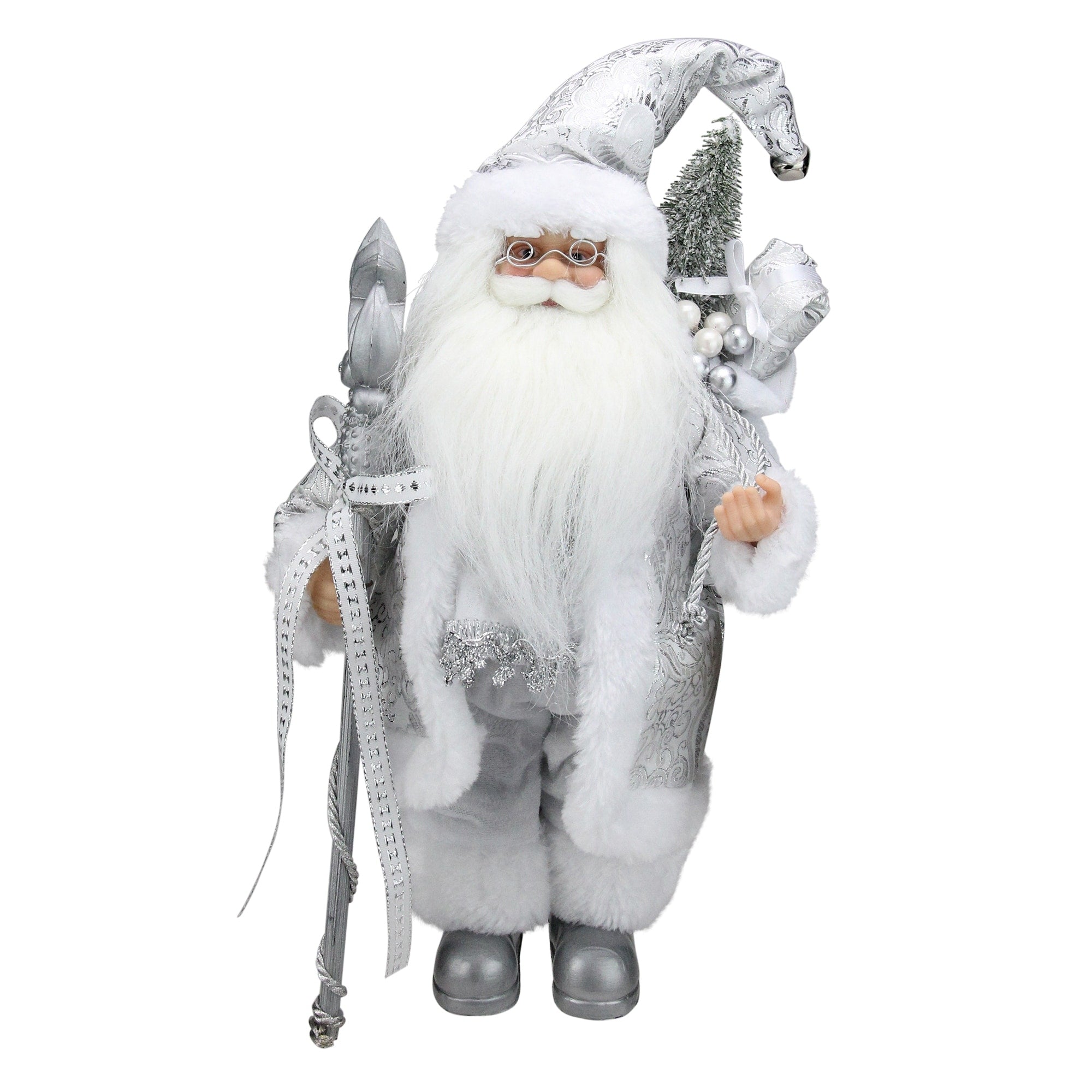 12 Standing White And Silver Santa Claus With Staff And Gift Bag Christmas Figure