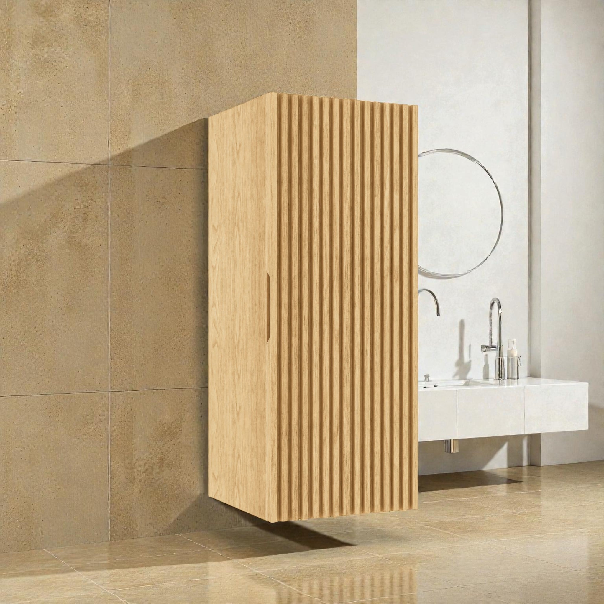 12 Wall Mounted Floating Bathroom Vanity Side Cabinet Striped Plywood Storage Cabinet With Door Shelf Soft Close Design