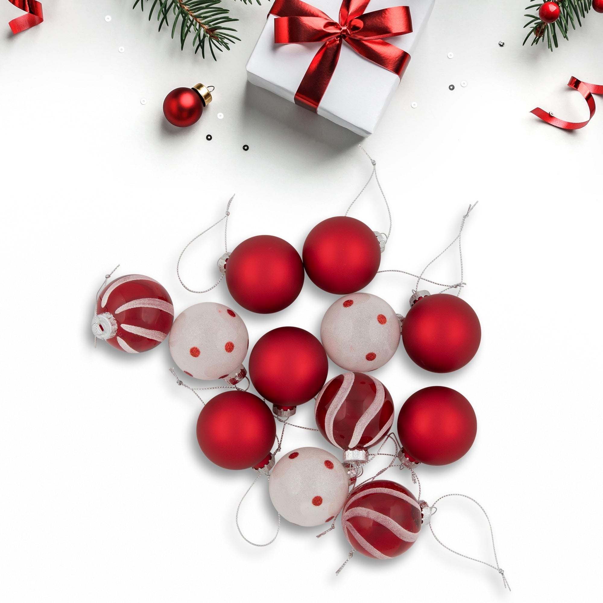 12Ct Red And White Patterned Glass Ball Christmas Ornament Set 1.75