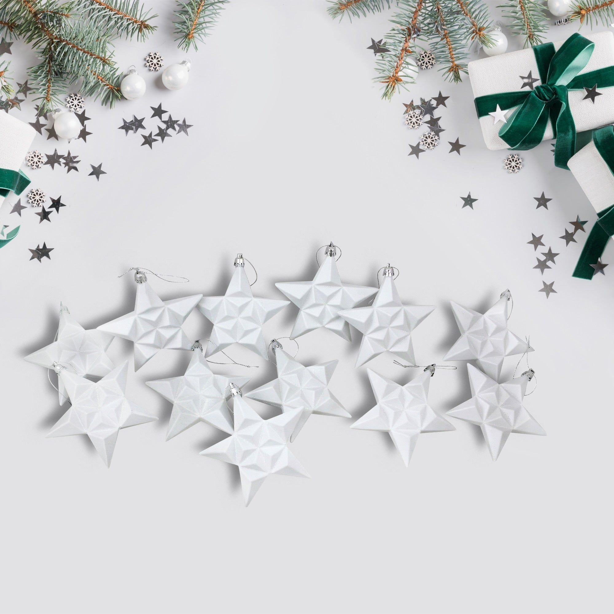 12Ct Matte Winter White Glittered Star Shatterproof Christmas Ornaments 5