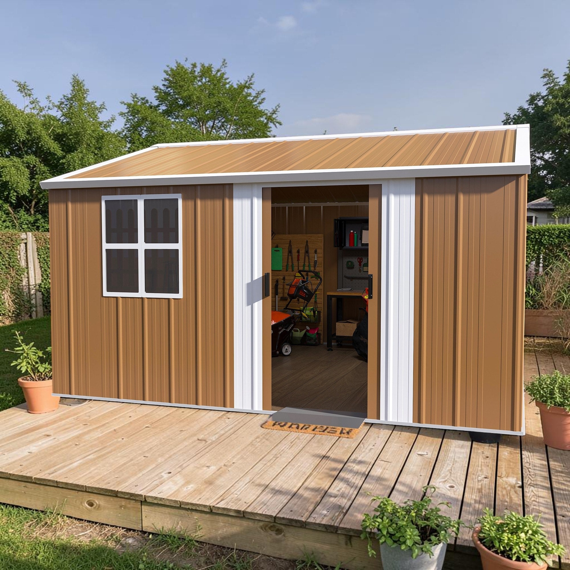 12X10 Ft Heavy Duty Metal Storage Shed With Sliding Door Windows And Vents For Backyard Garden