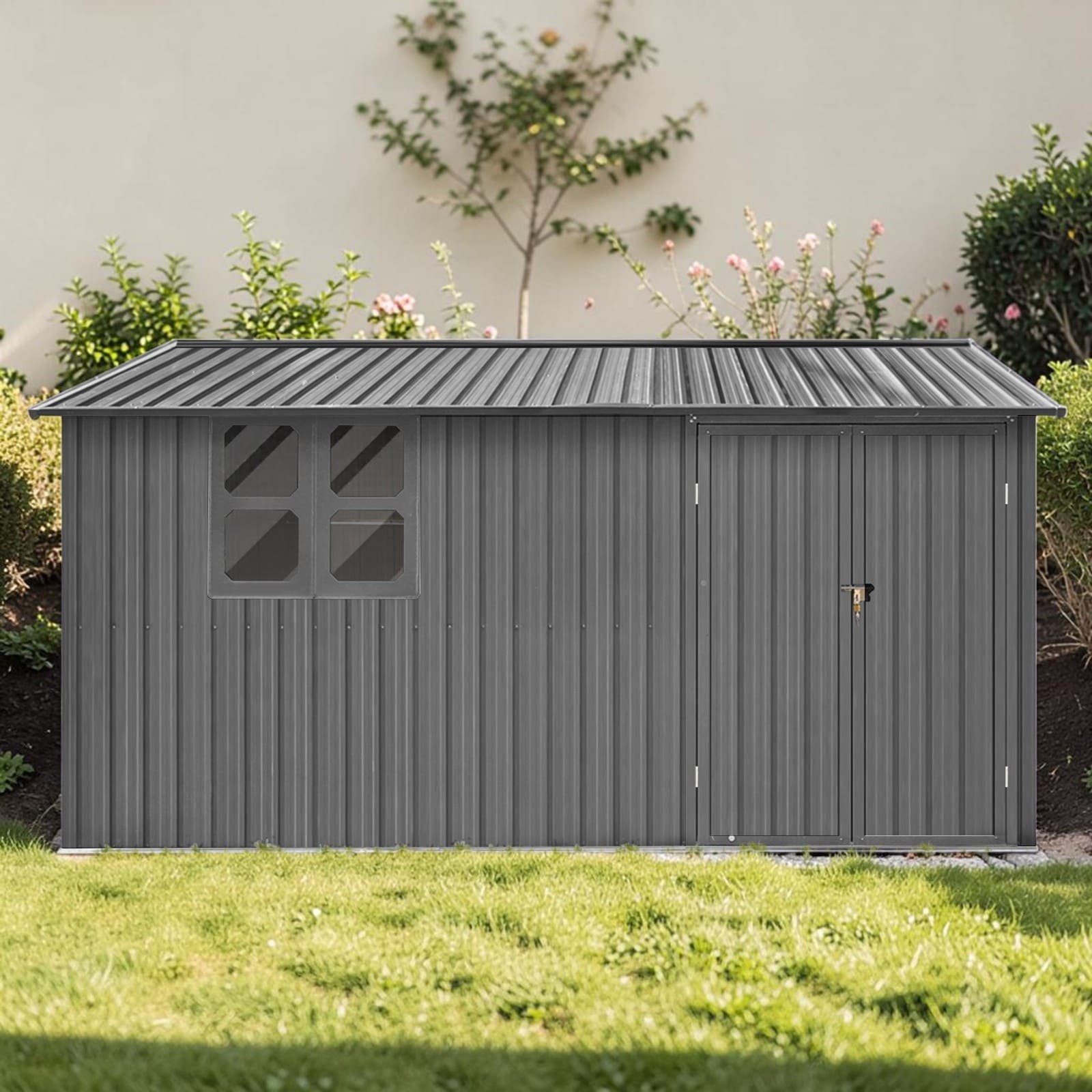 12X10 Ft Metal Storage Shed With Shelves And Window Outdoor Garden Tool Shed With Lockable Door And Worktable