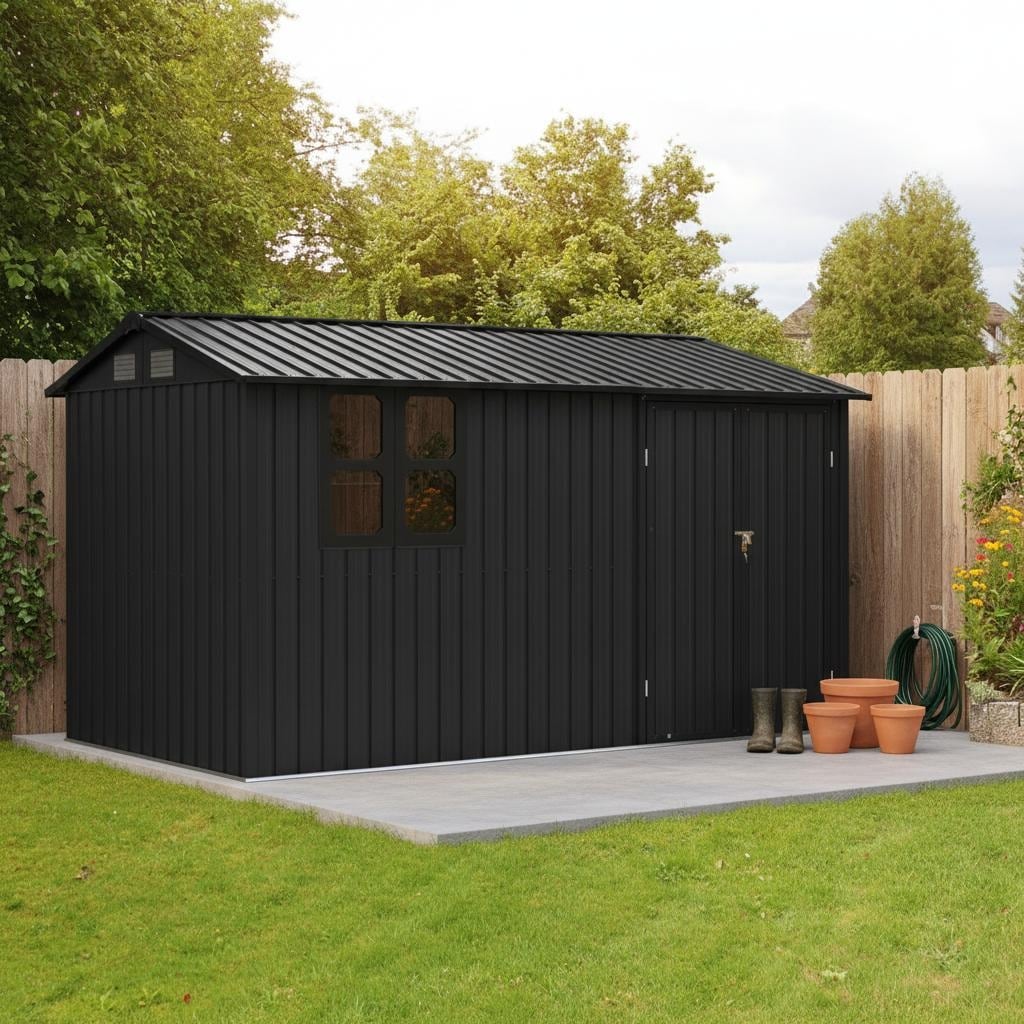 12X10 Ft Metal Garden Sheds Outdoor Storage Sheds Black With Window With Goods Shelves