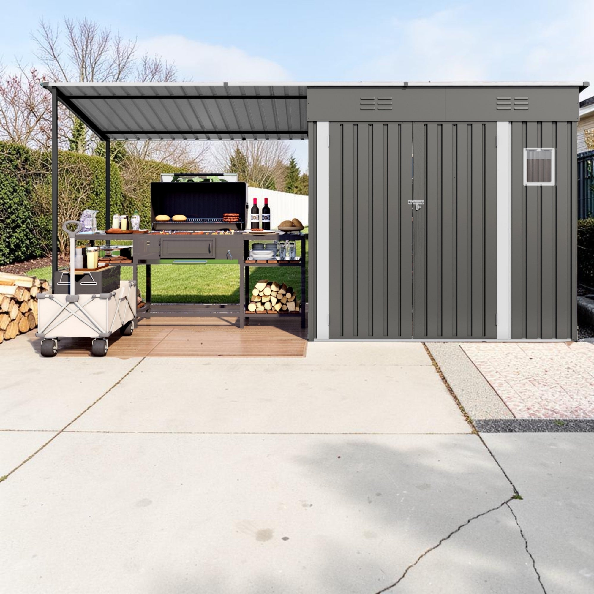 12X4 Ft Metal Lean To Shed With Pergola 2 In 1 Outdoor Storage Shed With Lockable Door Patio Backyard