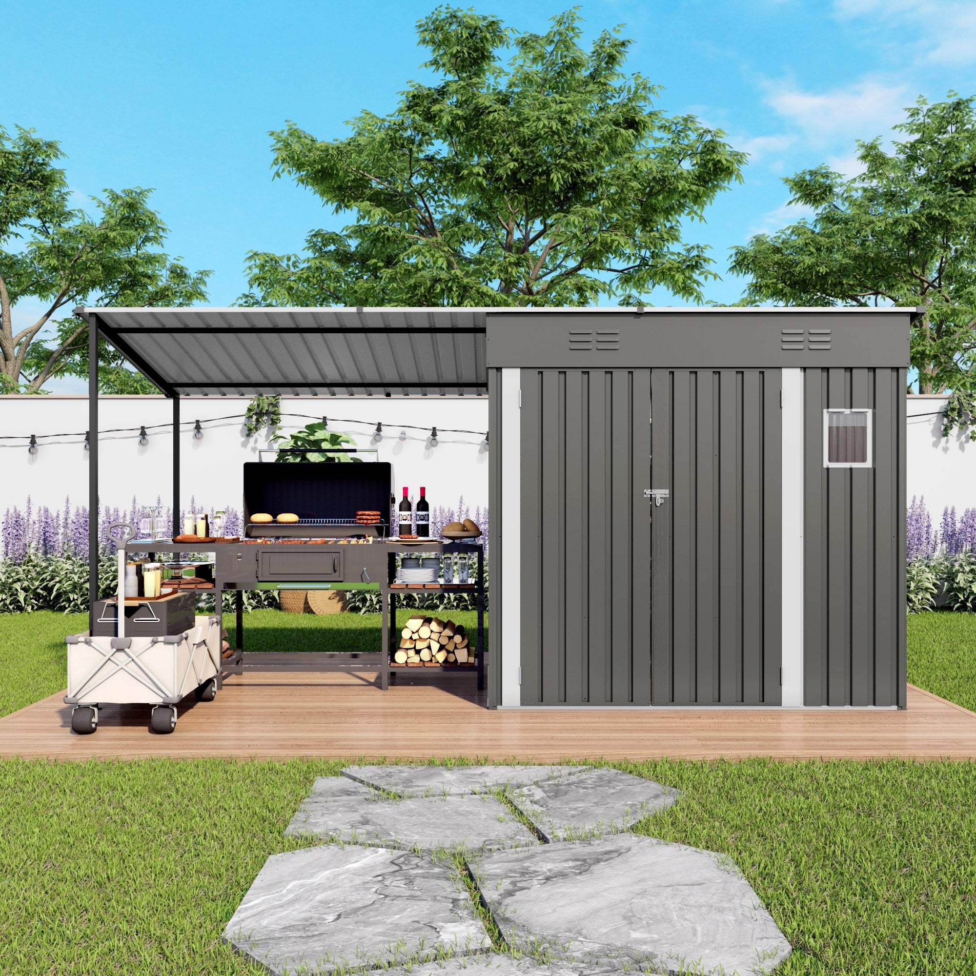 12X4Ft Metal Lean To Shed With Open Sided Pergola 4X6 Outdoor Storage Shed 6X4 Attached Hardtop Gazebo Combo 2 In 1 Sheds