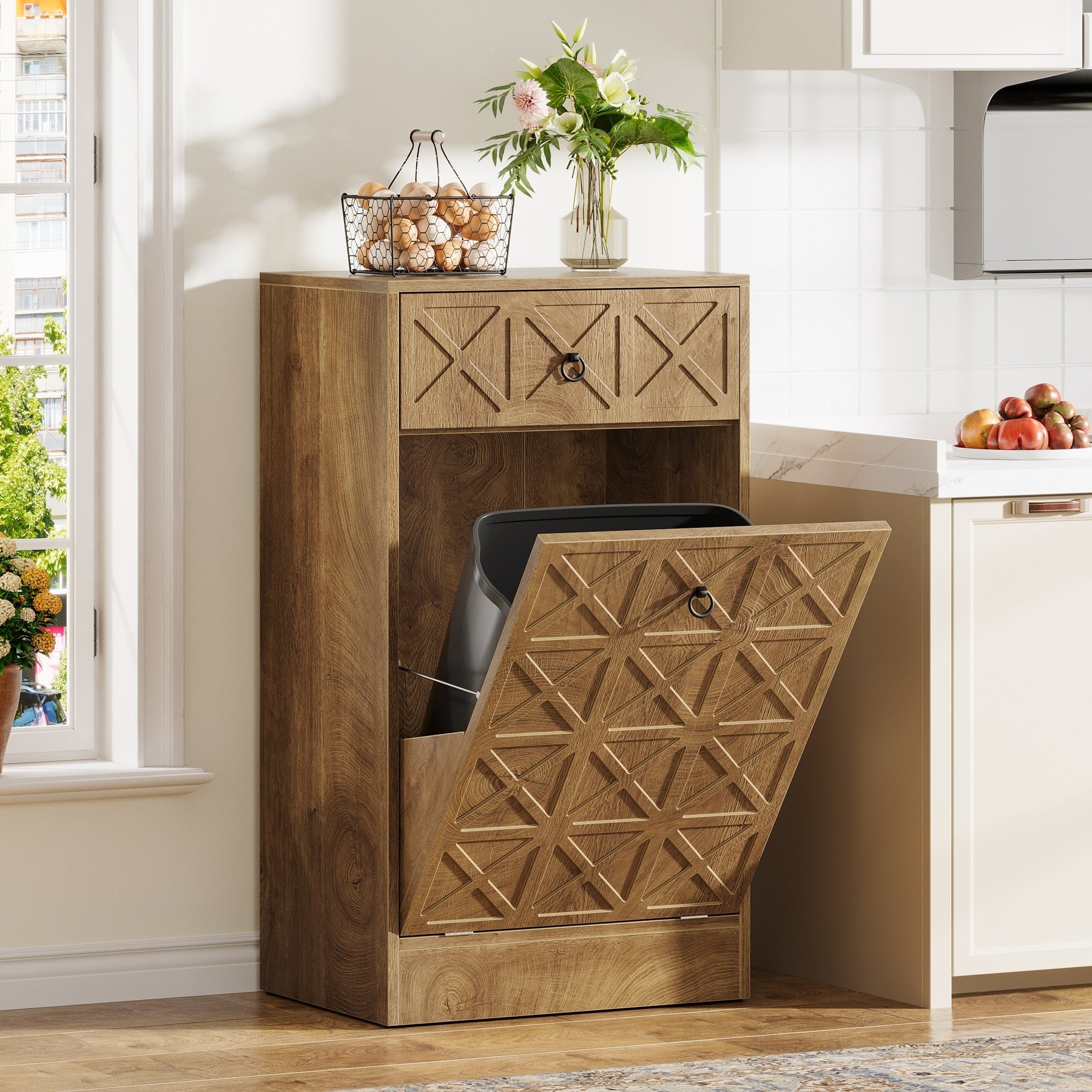 13 Gallon Wooden Fluted Tilt Out Trash Can Cabinet With Drawer Hidden Garbage Bin Storage Unit For Kitchen Living Room