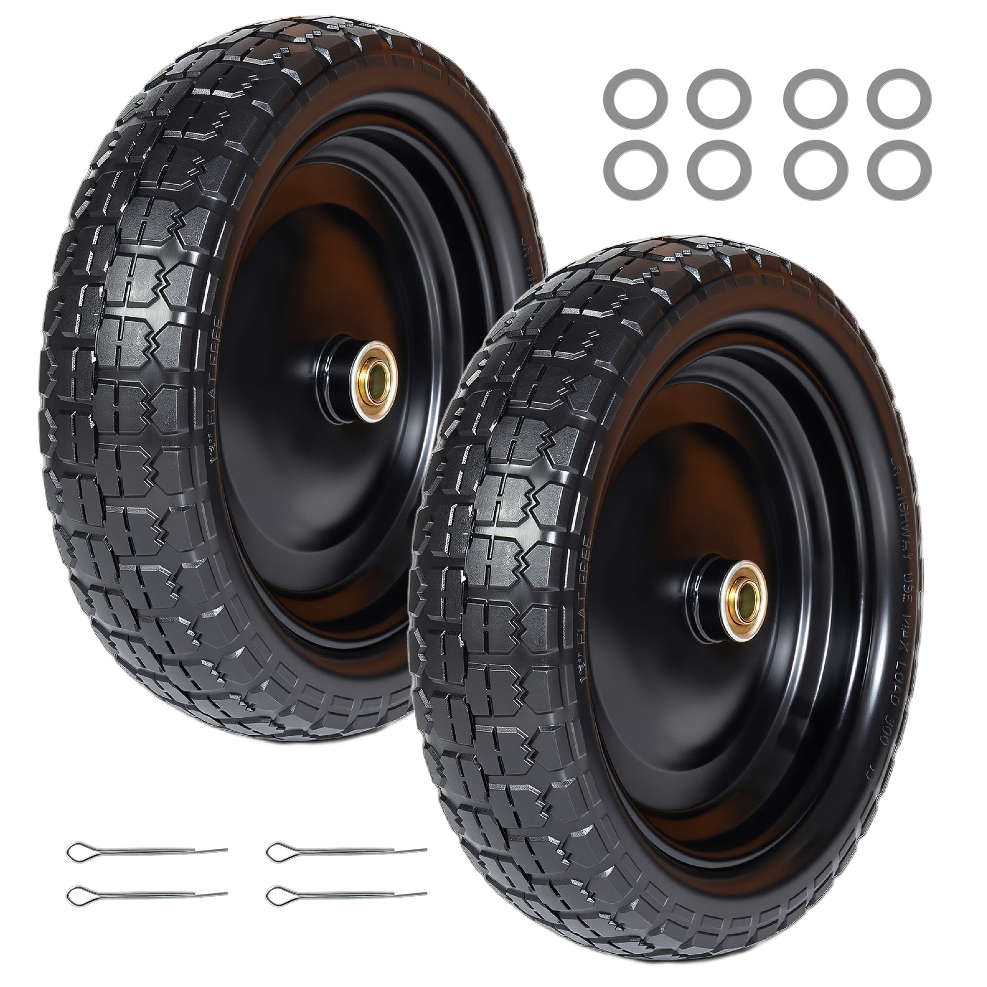 13 Inch Solid Rubber Tires 4.00 6 Flat Free Wheels With 5 8 Bearings 2.2 Offset Hub Replacement For Gorilla Cart Set Of 2