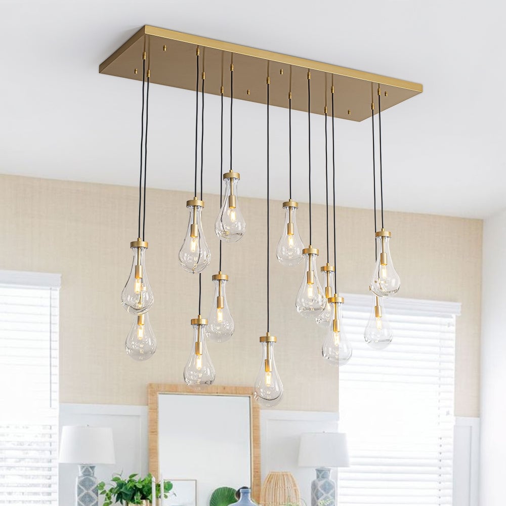 13 Light Glass Drops Rectangular Chandelier For Kitchen Dining 53.5 In