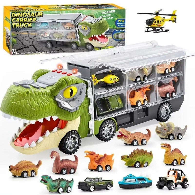 13 In 1 Dinosaur Truck With 12 Pull Back Cars Toys For Kids 3 5 Multicolor